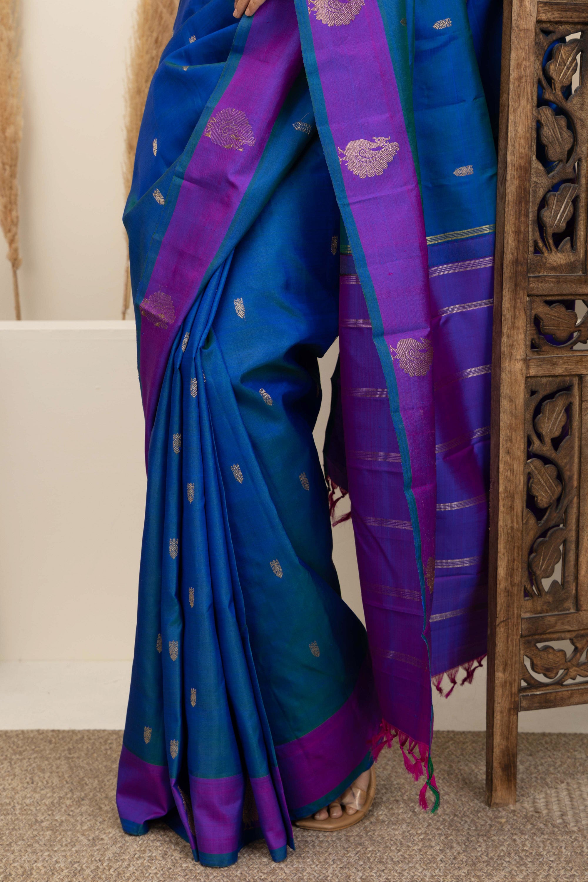 Kanjivaram handloom pure silk pure zari turquoise blue sari with contrast purple border and border and pallu