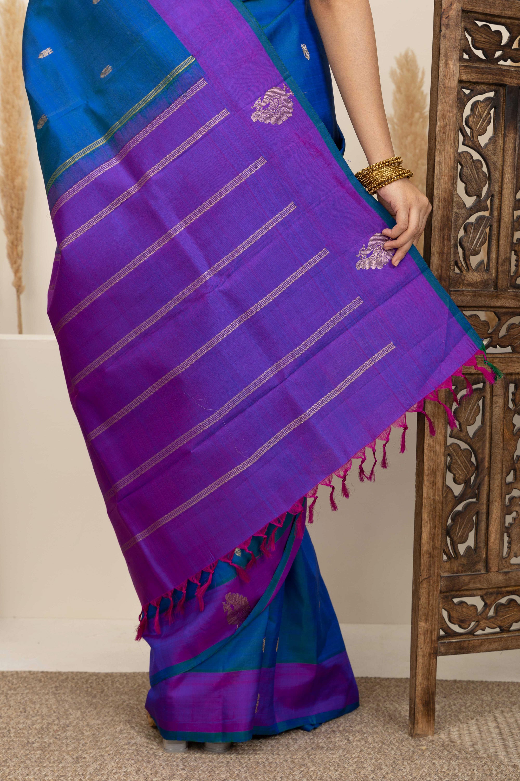Kanjivaram handloom pure silk pure zari turquoise blue sari with contrast purple border and border and pallu