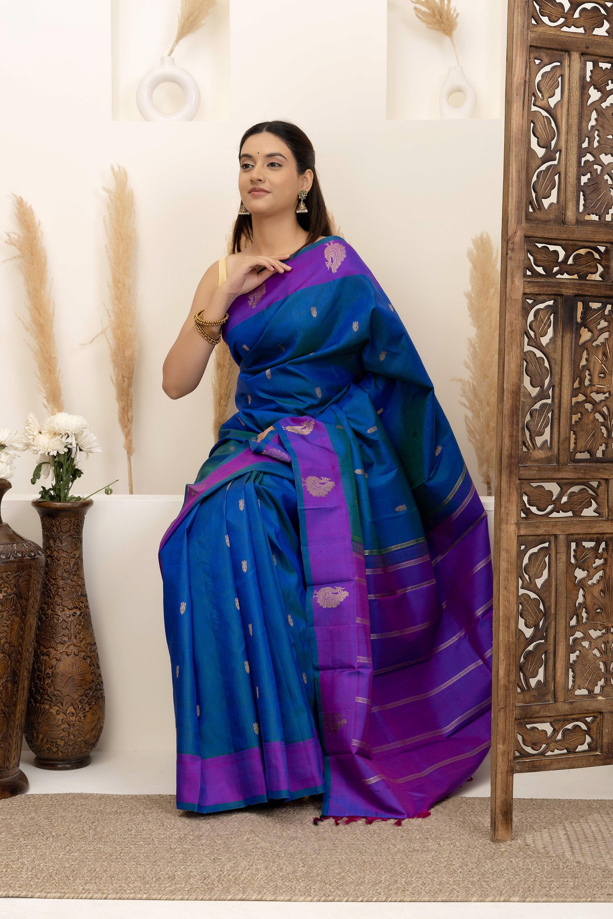 Kanjivaram handloom pure silk pure zari turquoise blue sari with contrast purple border and border and pallu
