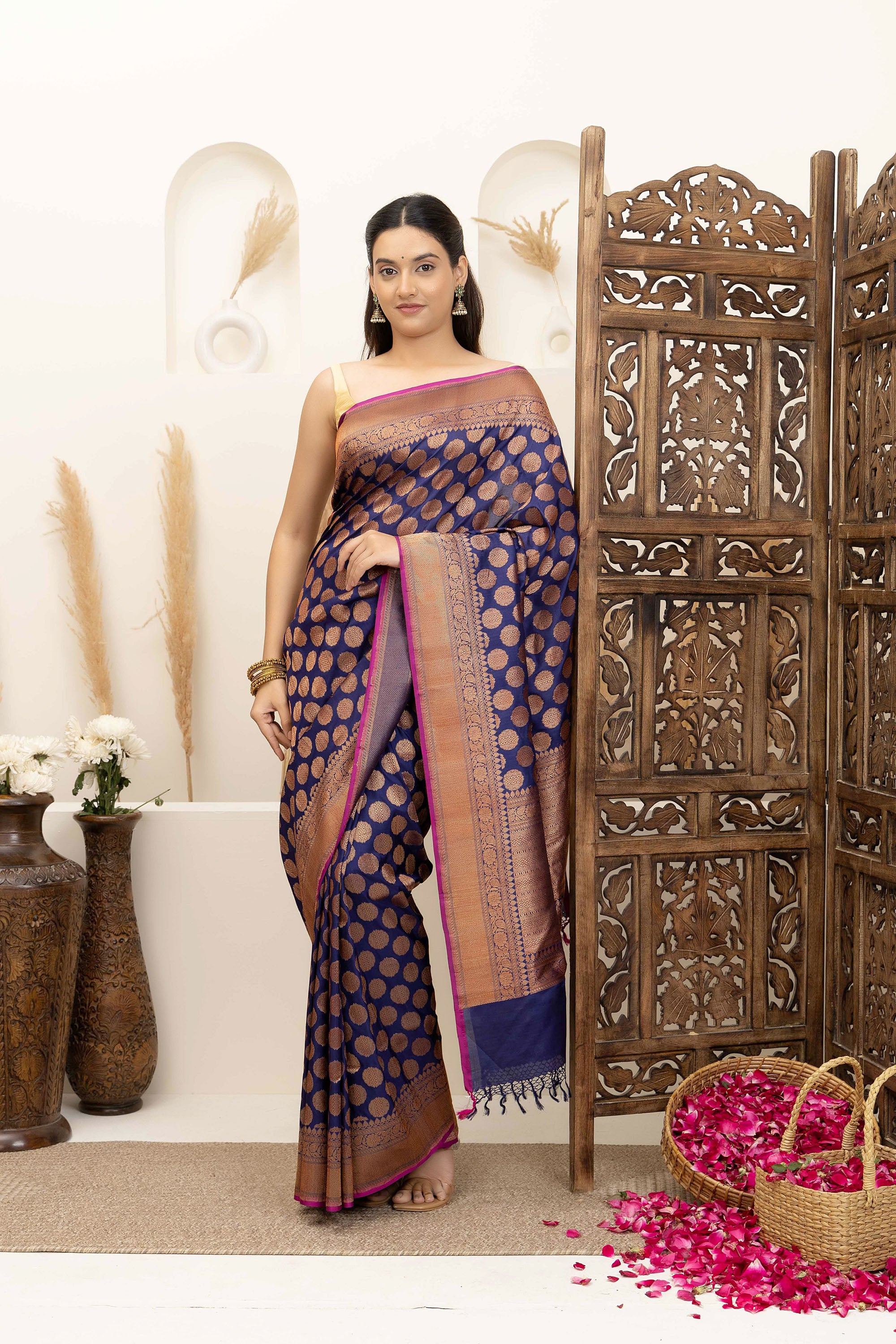 Banarasi Handloom deep blue pure katan silk saree with beautiful bronze zari motif all over and zari border and pallu