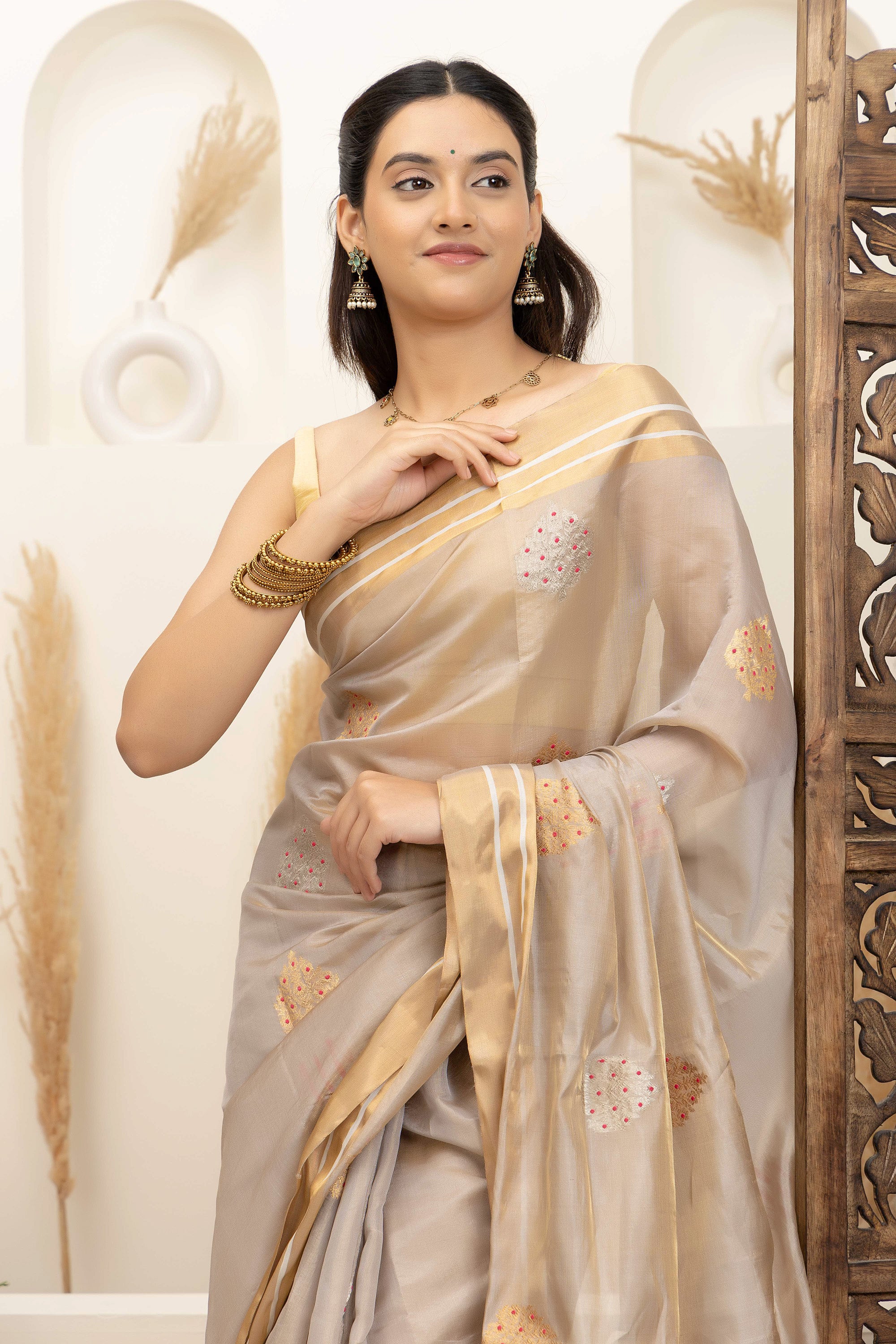 Chanderi handwoven pure silk tissue saree in natural silk beige colour, with large bute all over with meenakari work, zari border and pallu