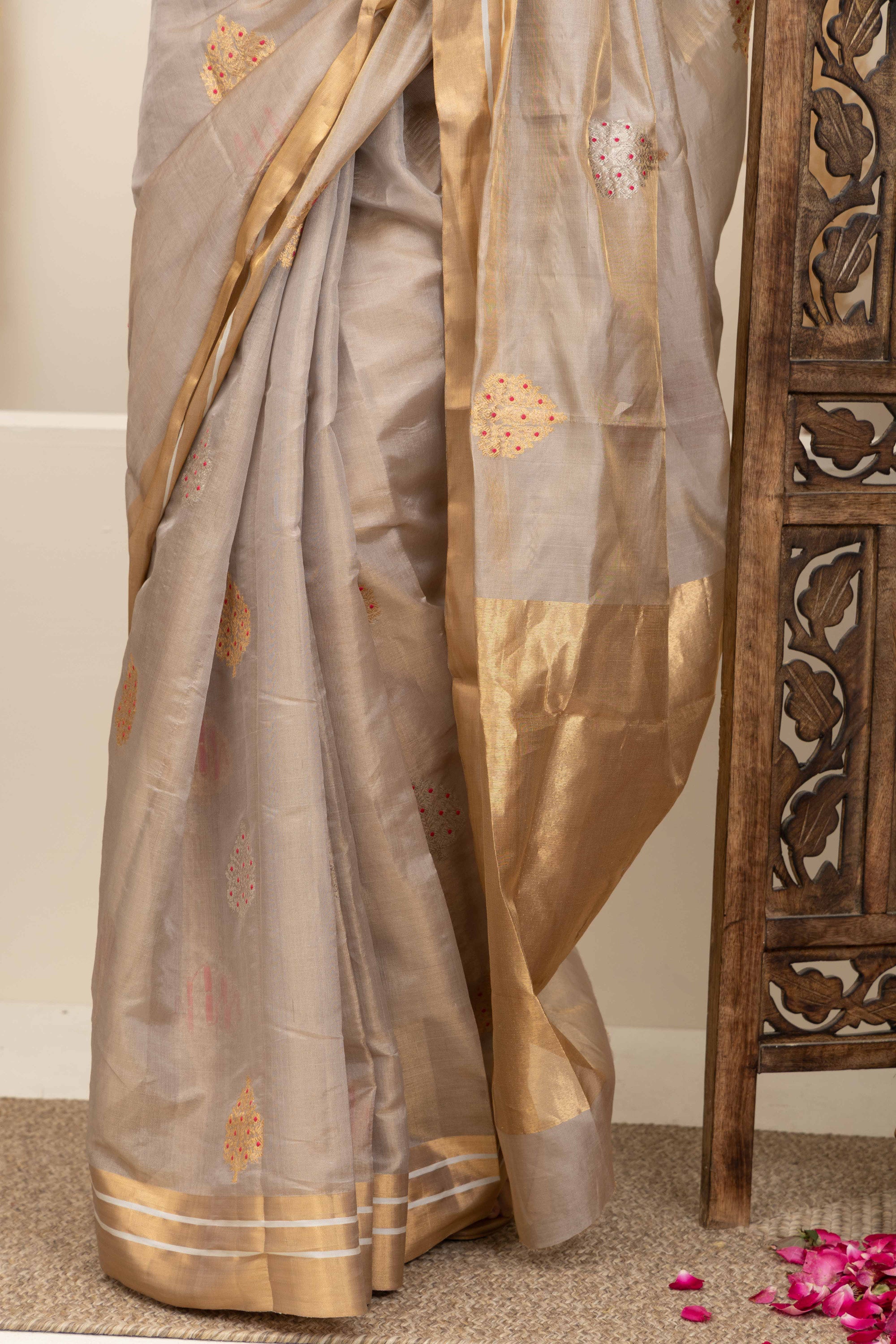 Chanderi handwoven pure silk tissue saree in natural silk beige colour, with large bute all over with meenakari work, zari border and pallu