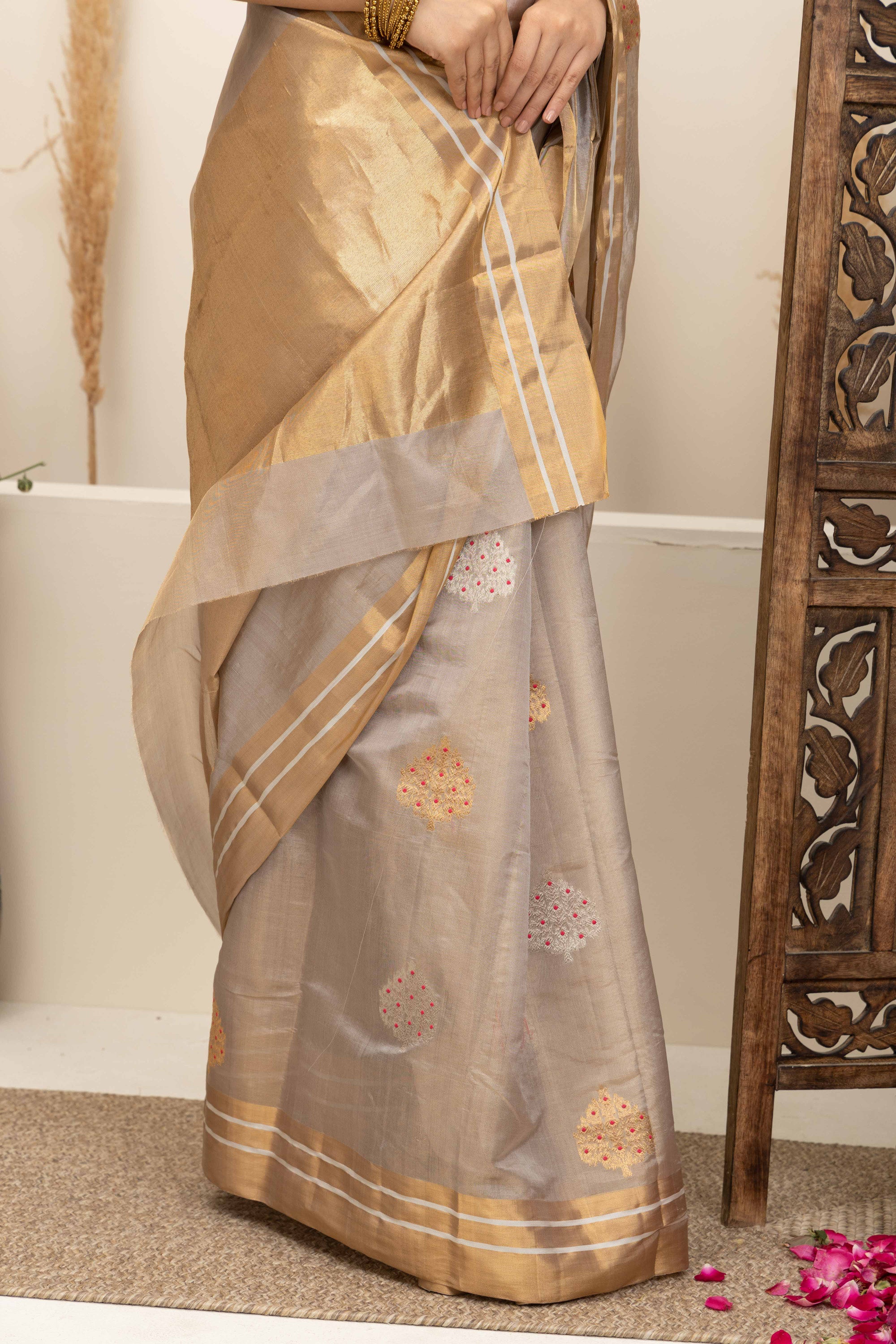 Chanderi handwoven pure silk tissue saree in natural silk beige colour, with large bute all over with meenakari work, zari border and pallu
