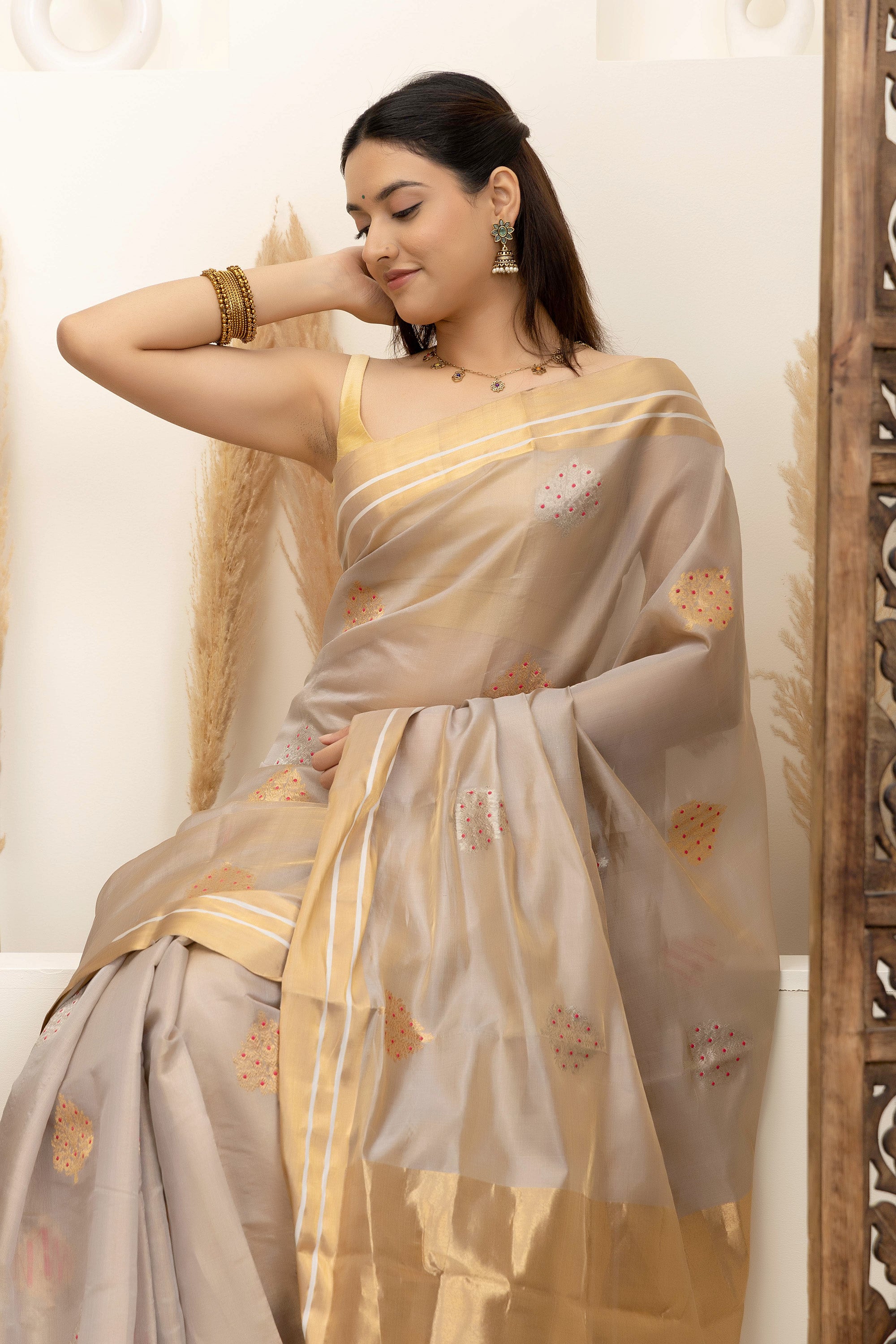 Chanderi handwoven pure silk tissue saree in natural silk beige colour, with large bute all over with meenakari work, zari border and pallu