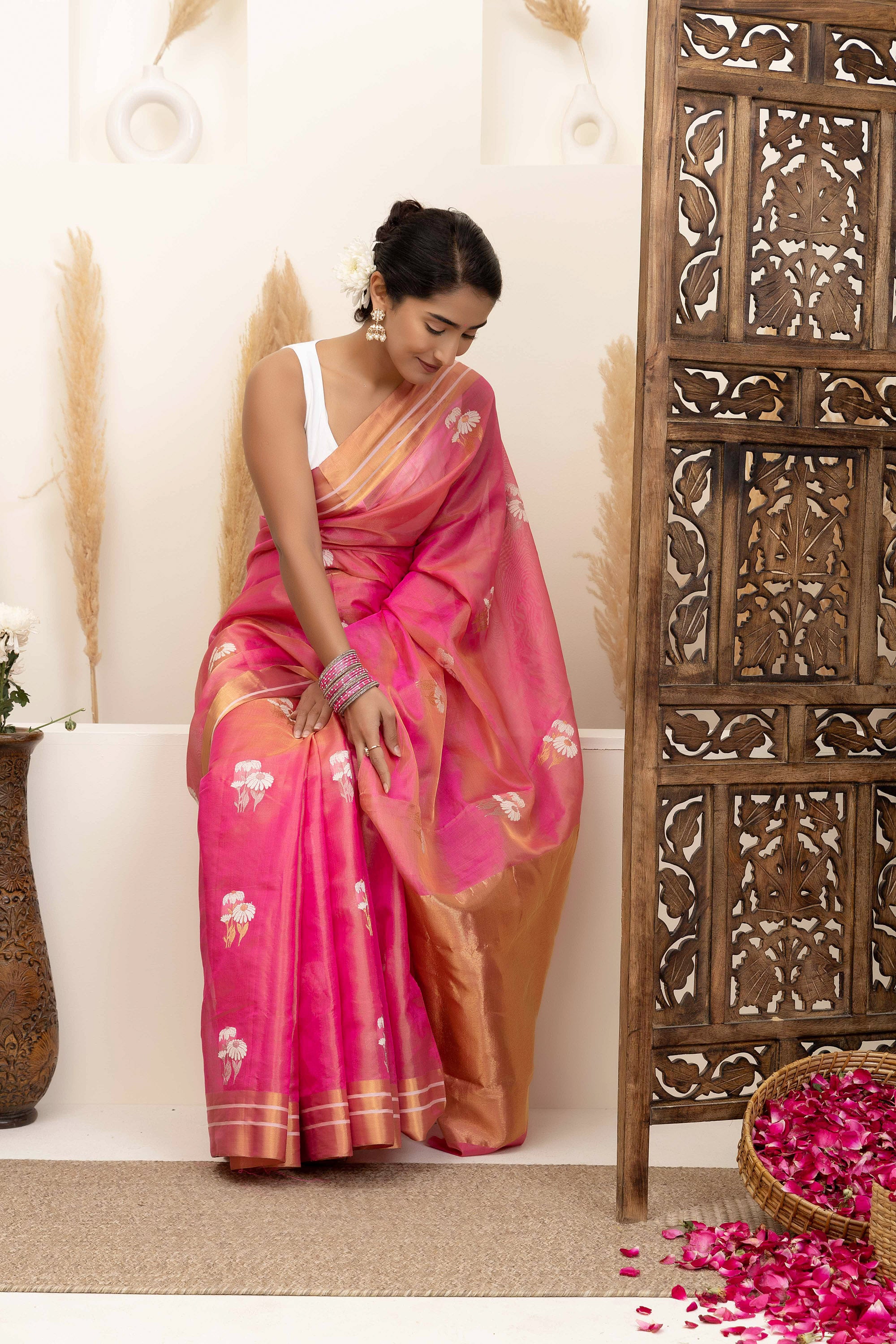 Chanderi handwoven pink pure silk tissue saree with large bute all over with meenakari work, zari border and pallu