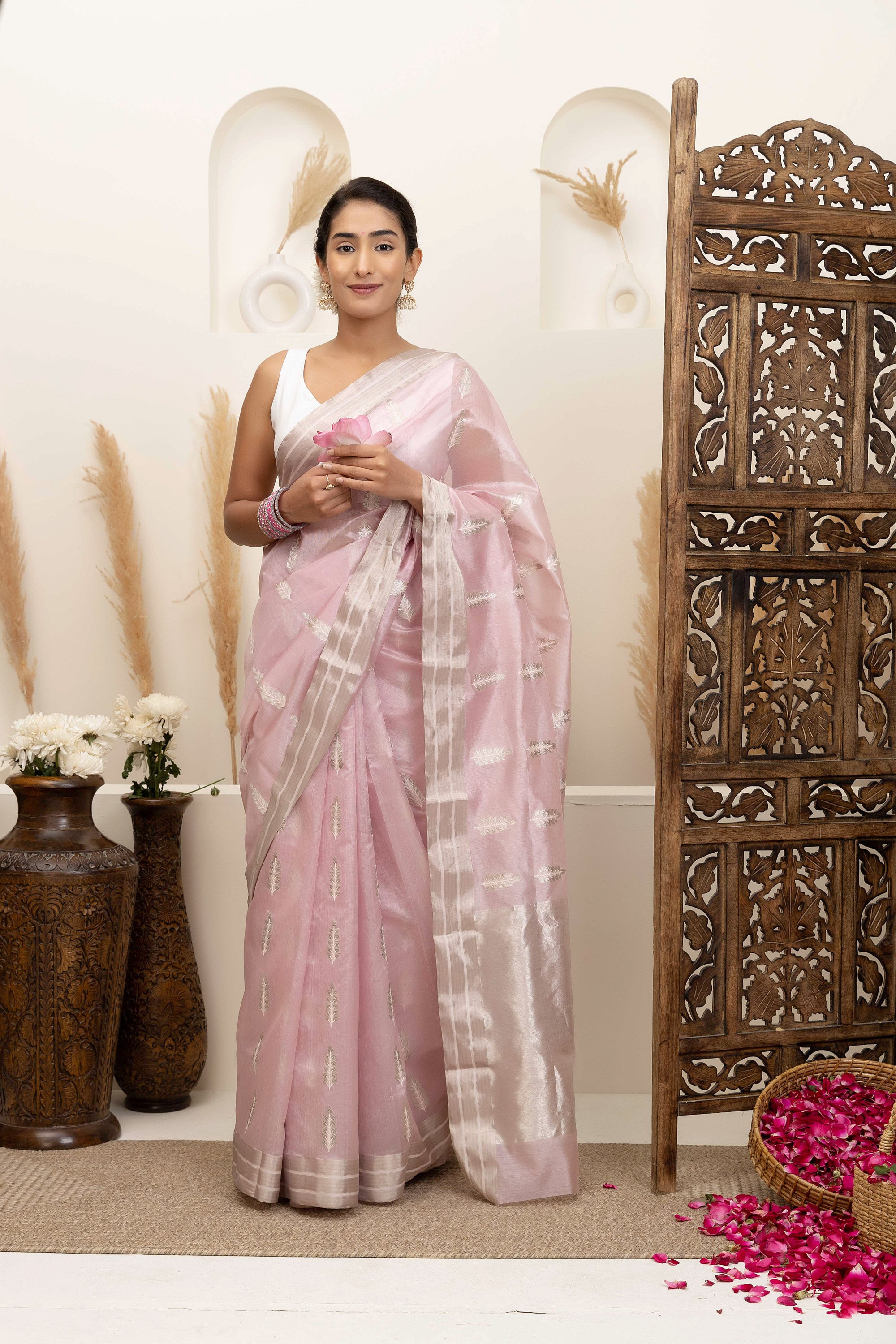 Chanderi handwoven blush pink pure silk saree with large bute all over, zari border and pallu