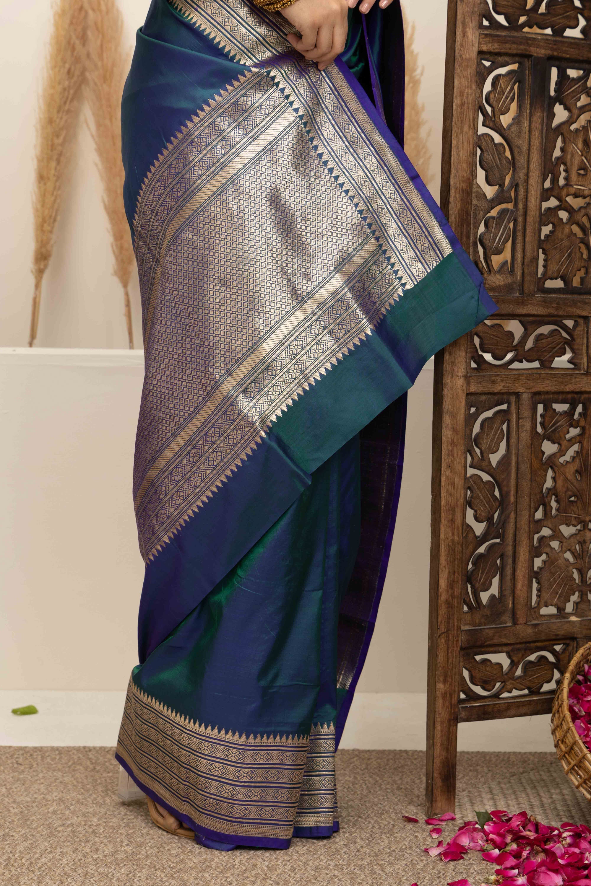 Banarasi Handloom pure silk blue-green saree, zari border and pallu and plain silk body