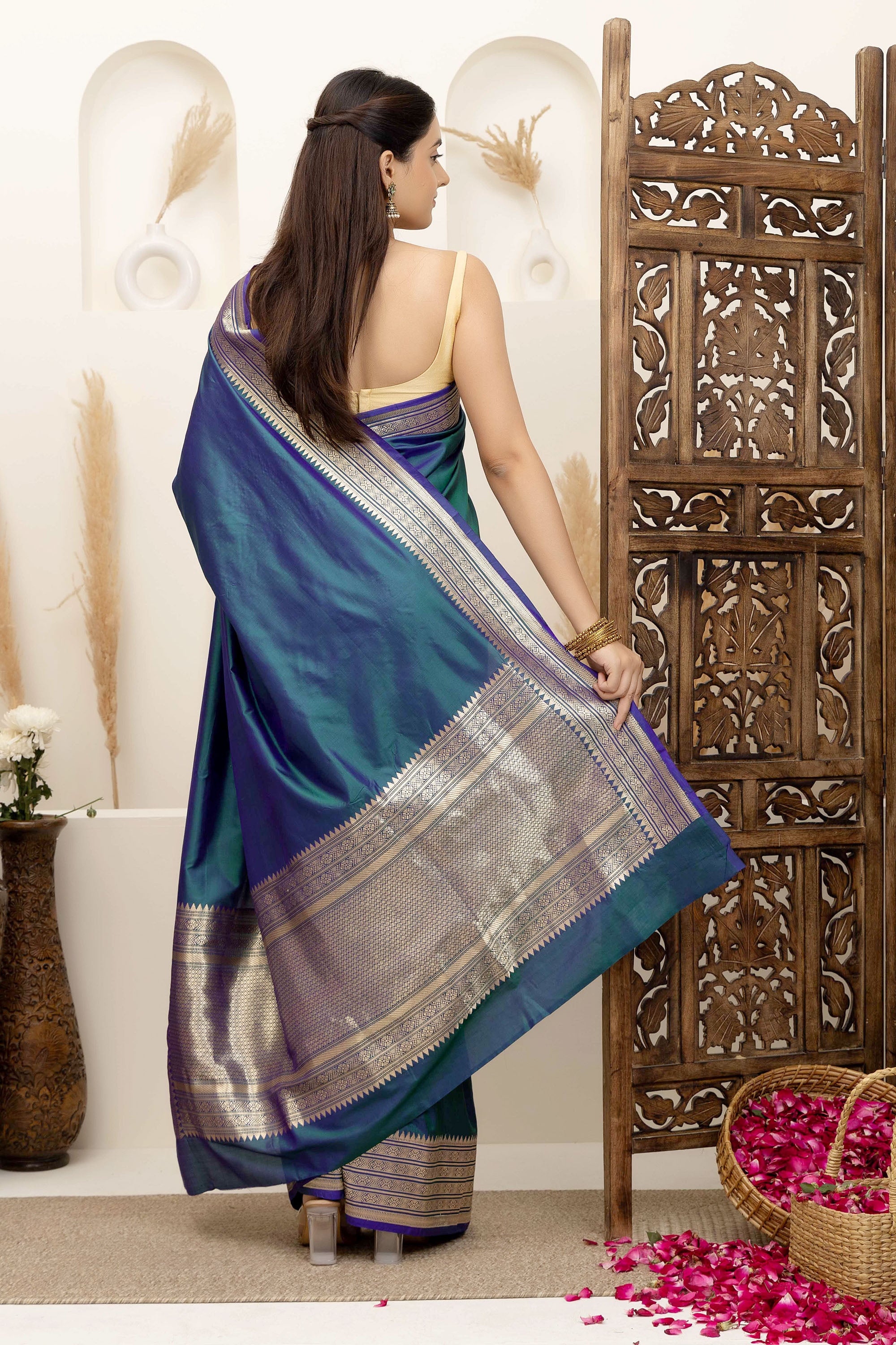 Banarasi Handloom pure silk blue-green saree, zari border and pallu and plain silk body
