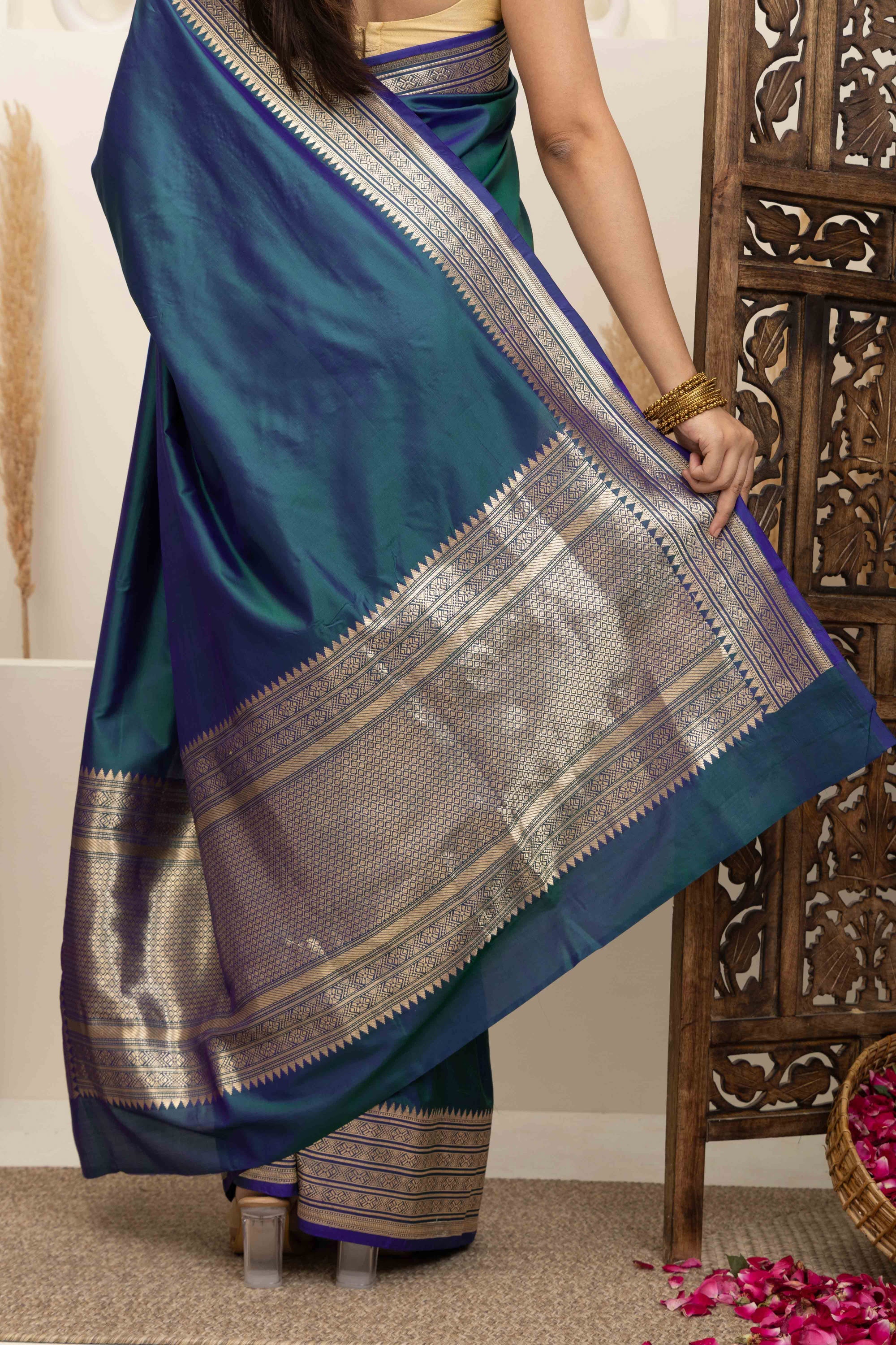 Banarasi Handloom pure silk blue-green saree, zari border and pallu and plain silk body