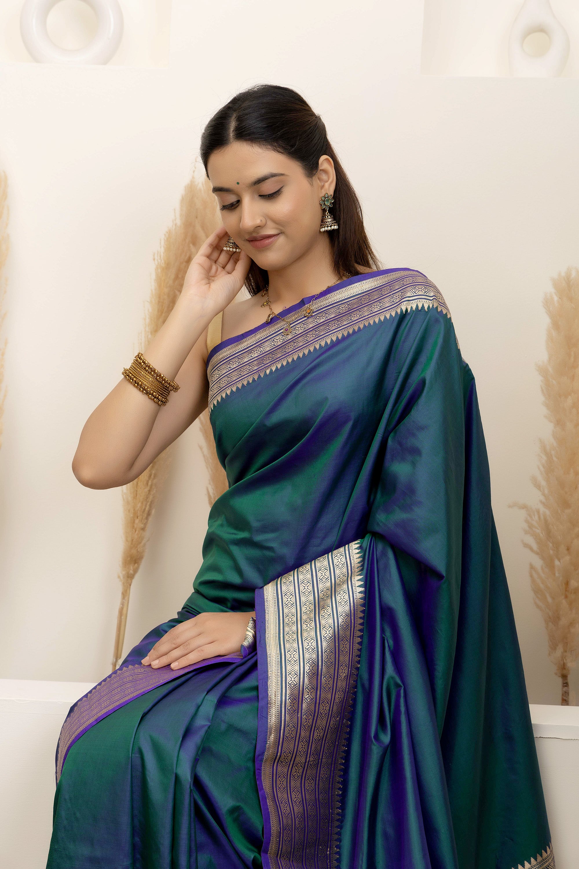 Banarasi Handloom pure silk blue-green saree, zari border and pallu and plain silk body