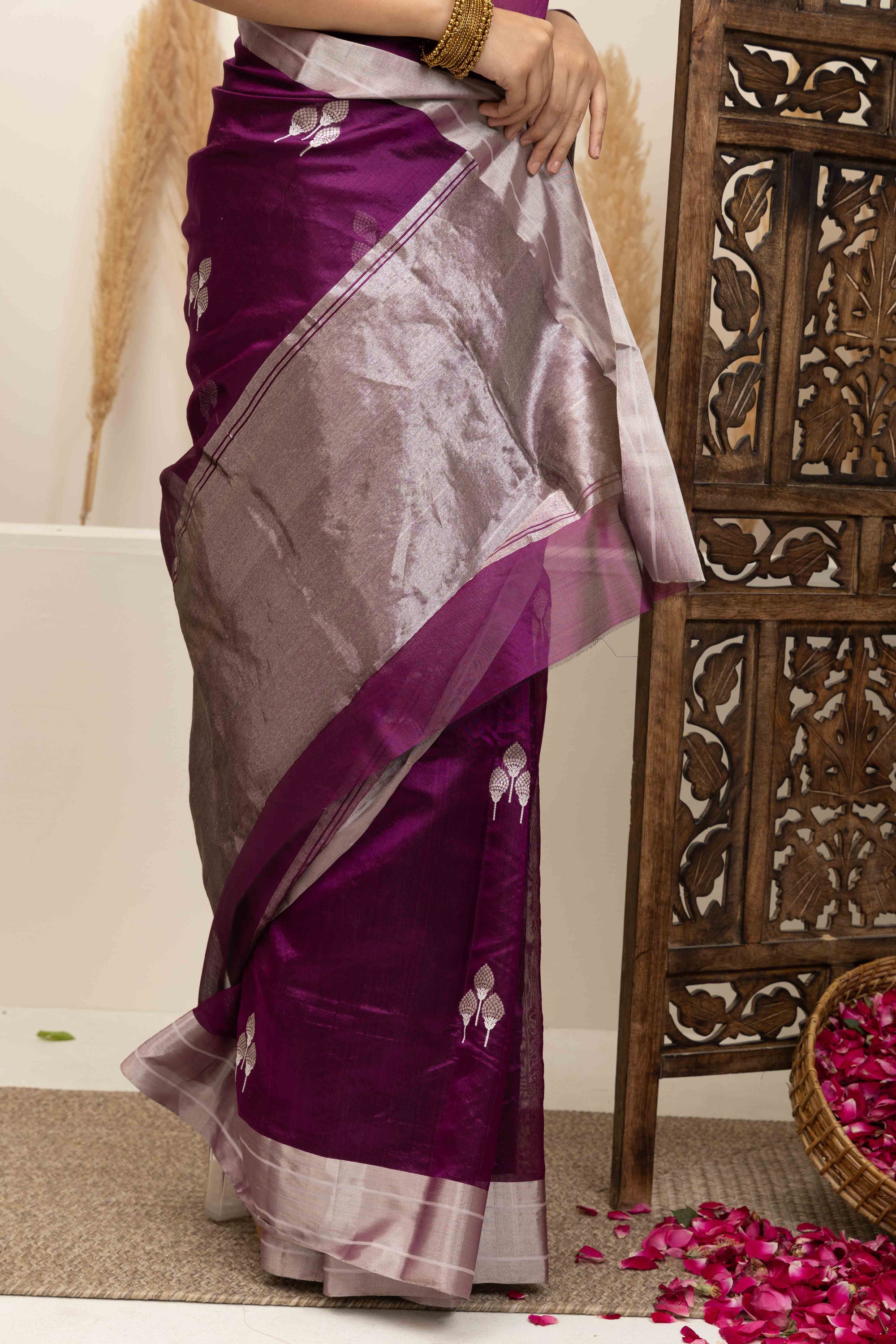 Chanderi handwoven pure silk deep magenta saree with large bute deign all over, zari, border and pallu