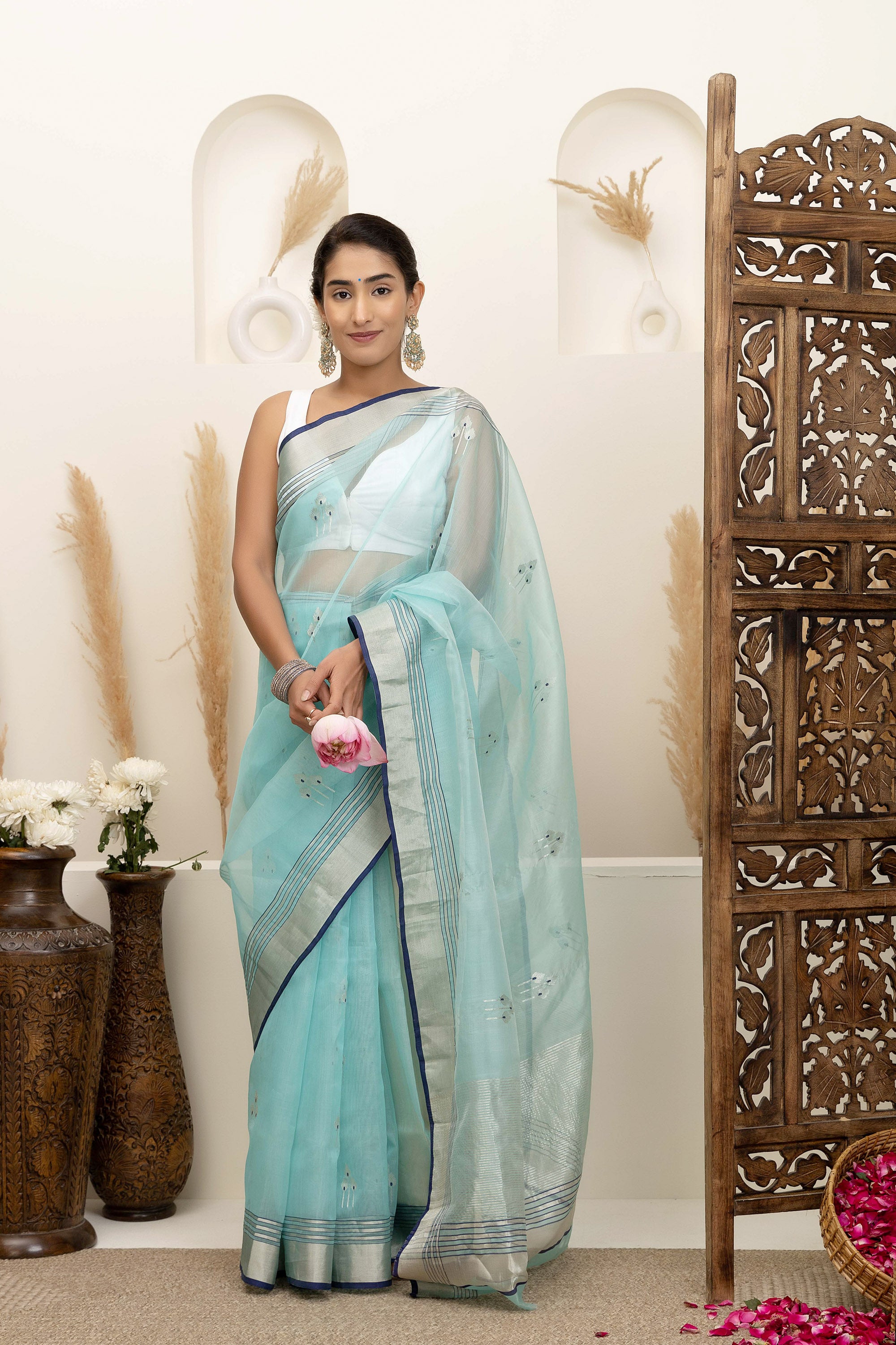 Chanderi handwoven pure silk pastel sea-green saree with large bute design all over, zari, border and pallu
