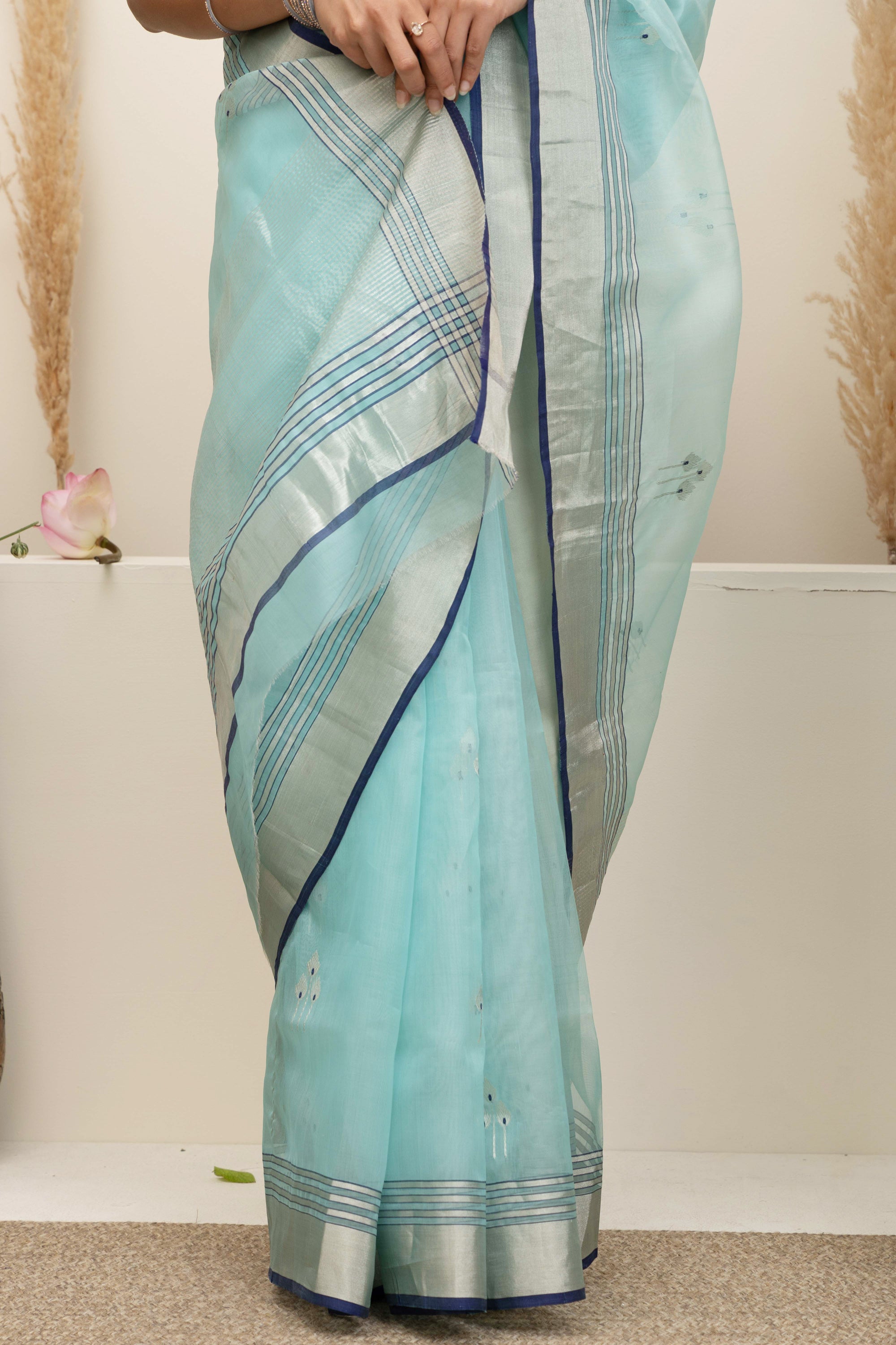 Chanderi handwoven pure silk pastel sea-green saree with large bute design all over, zari, border and pallu
