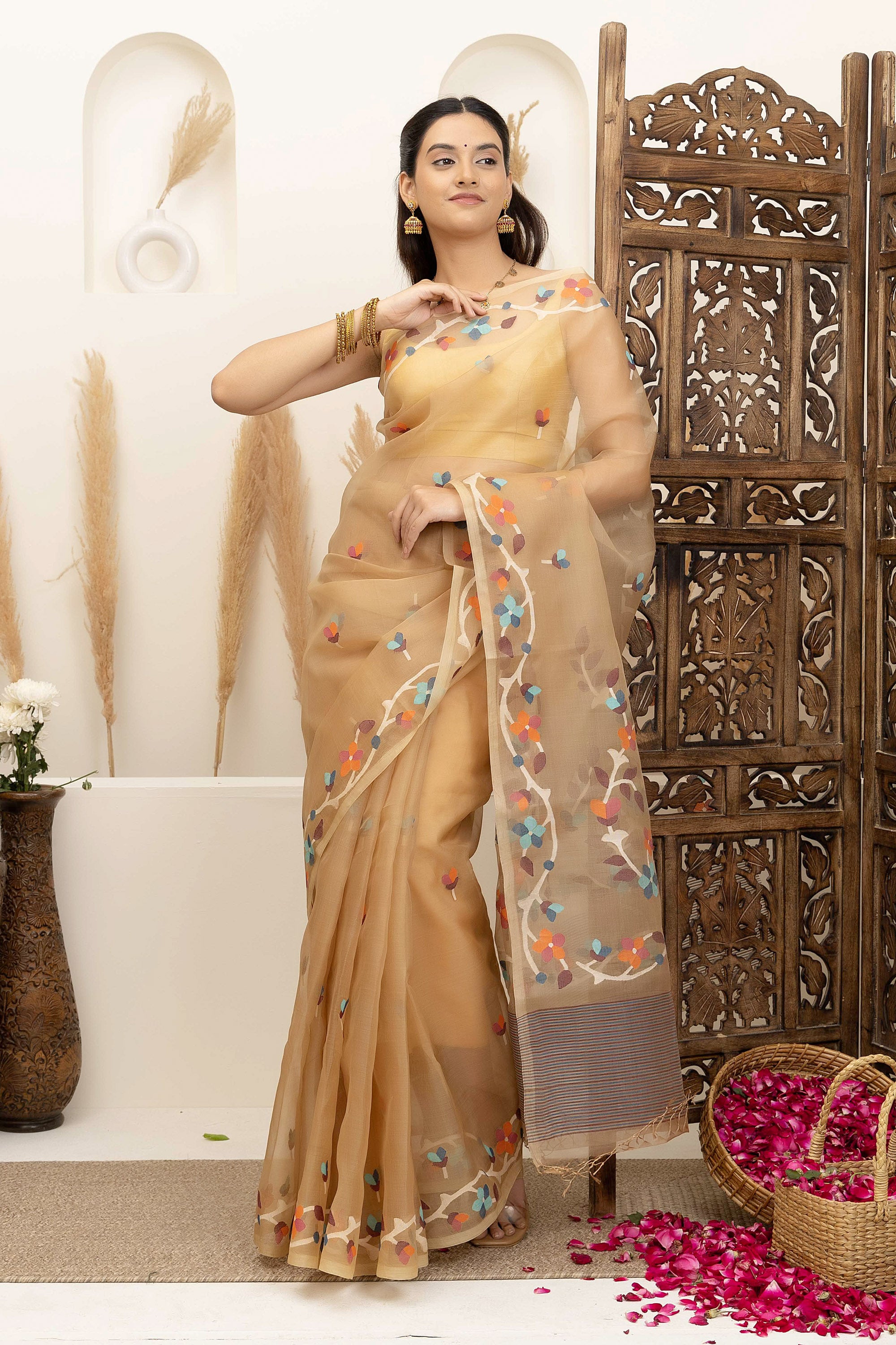 Jamdani Handloom pure mul silk light beige -off-white saree, with small bute all over and flower wine and flowers on the border and pallu