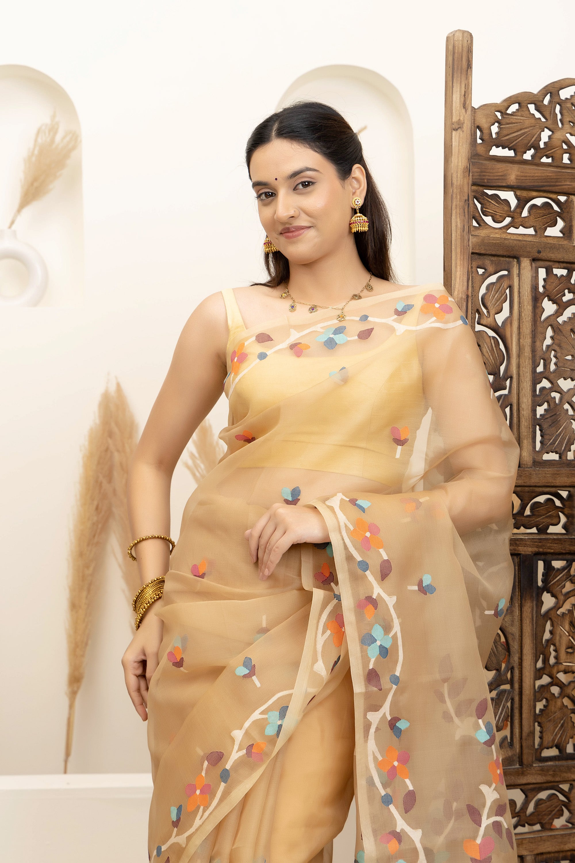 Jamdani Handloom pure mul silk light beige -off-white saree, with small bute all over and flower wine and flowers on the border and pallu