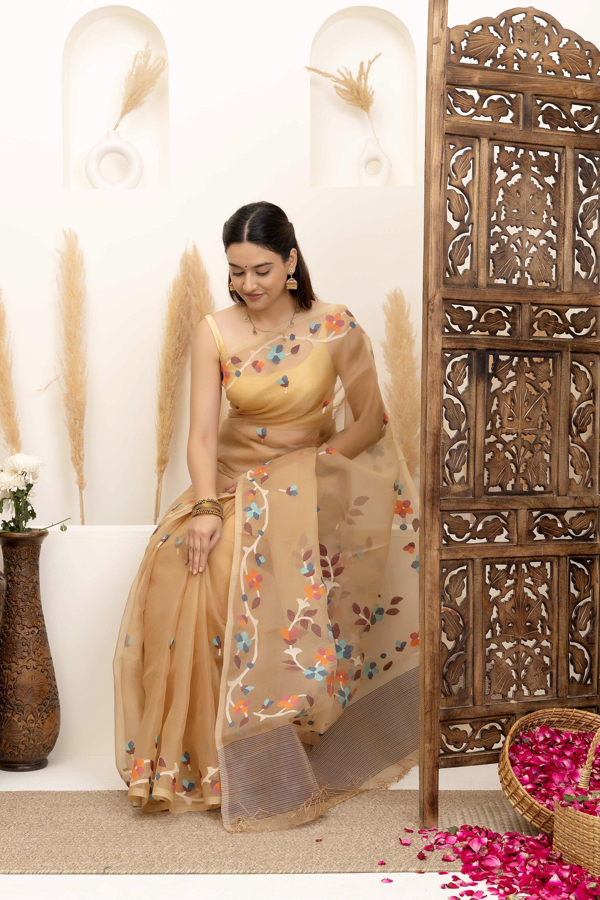 Jamdani Handloom pure mul silk light beige -off-white saree, with small bute all over and flower wine and flowers on the border and pallu