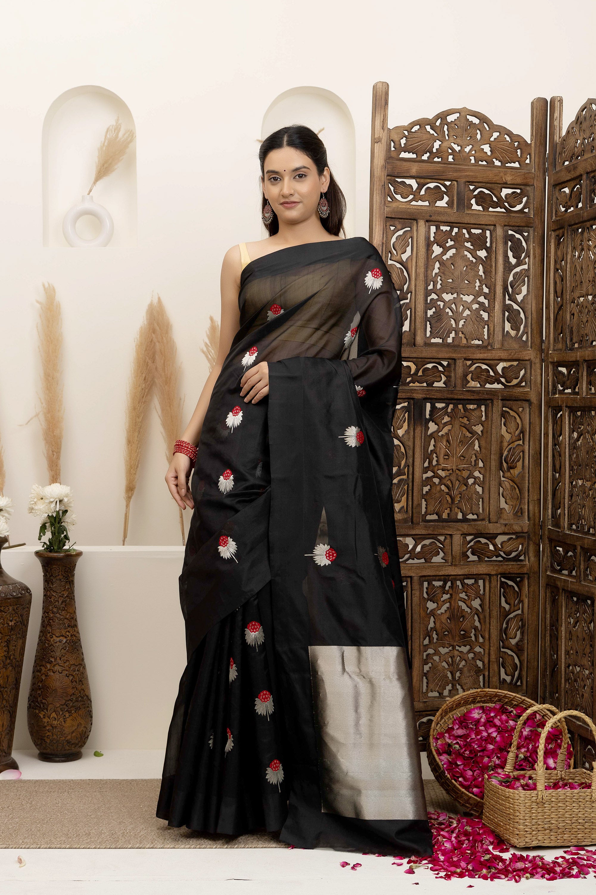 Chanderi handwoven black pure silk saree with large bute all over, self silk border and a zari  pallu