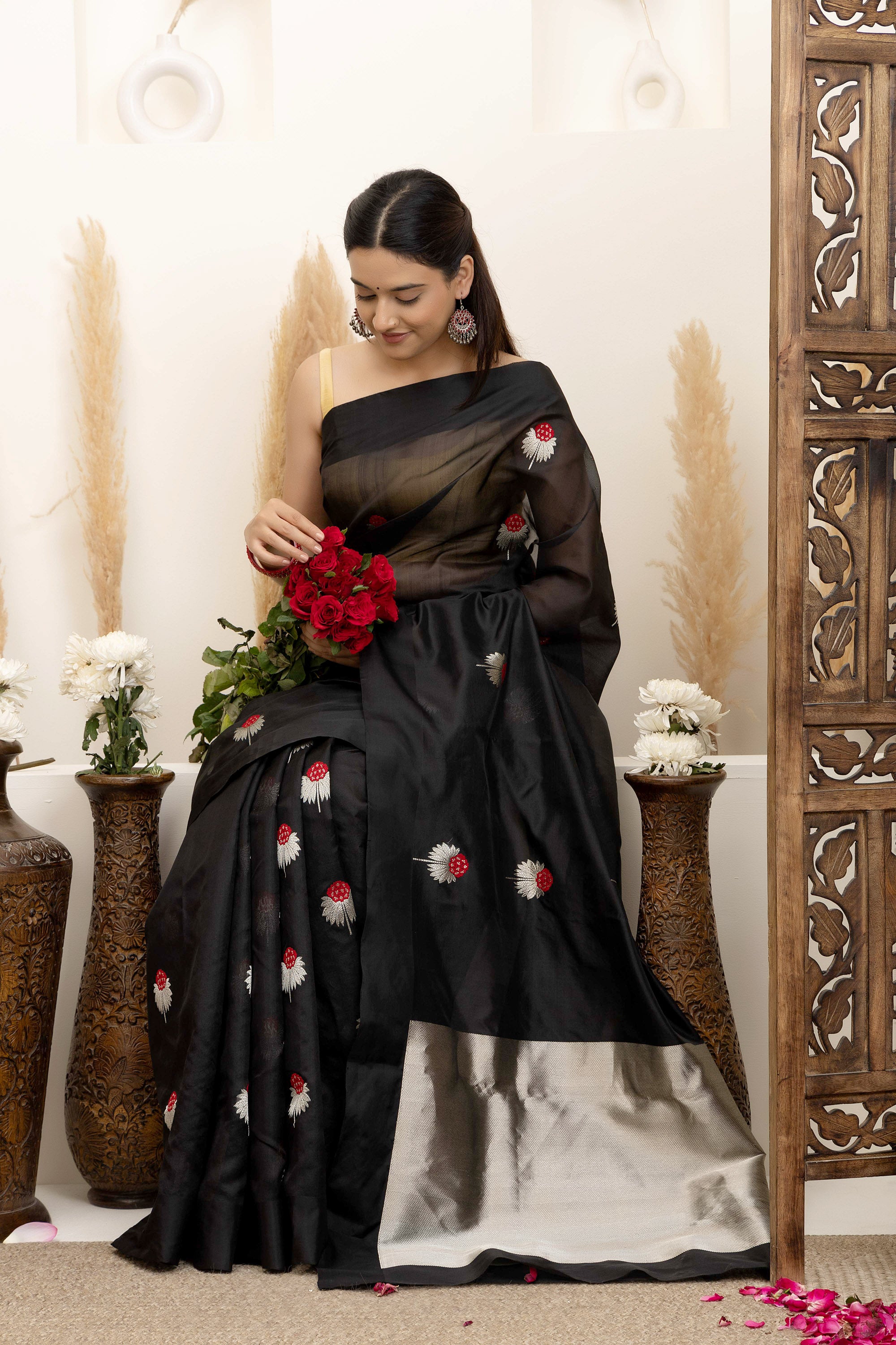 Chanderi handwoven black pure silk saree with large bute all over, self silk border and a zari  pallu