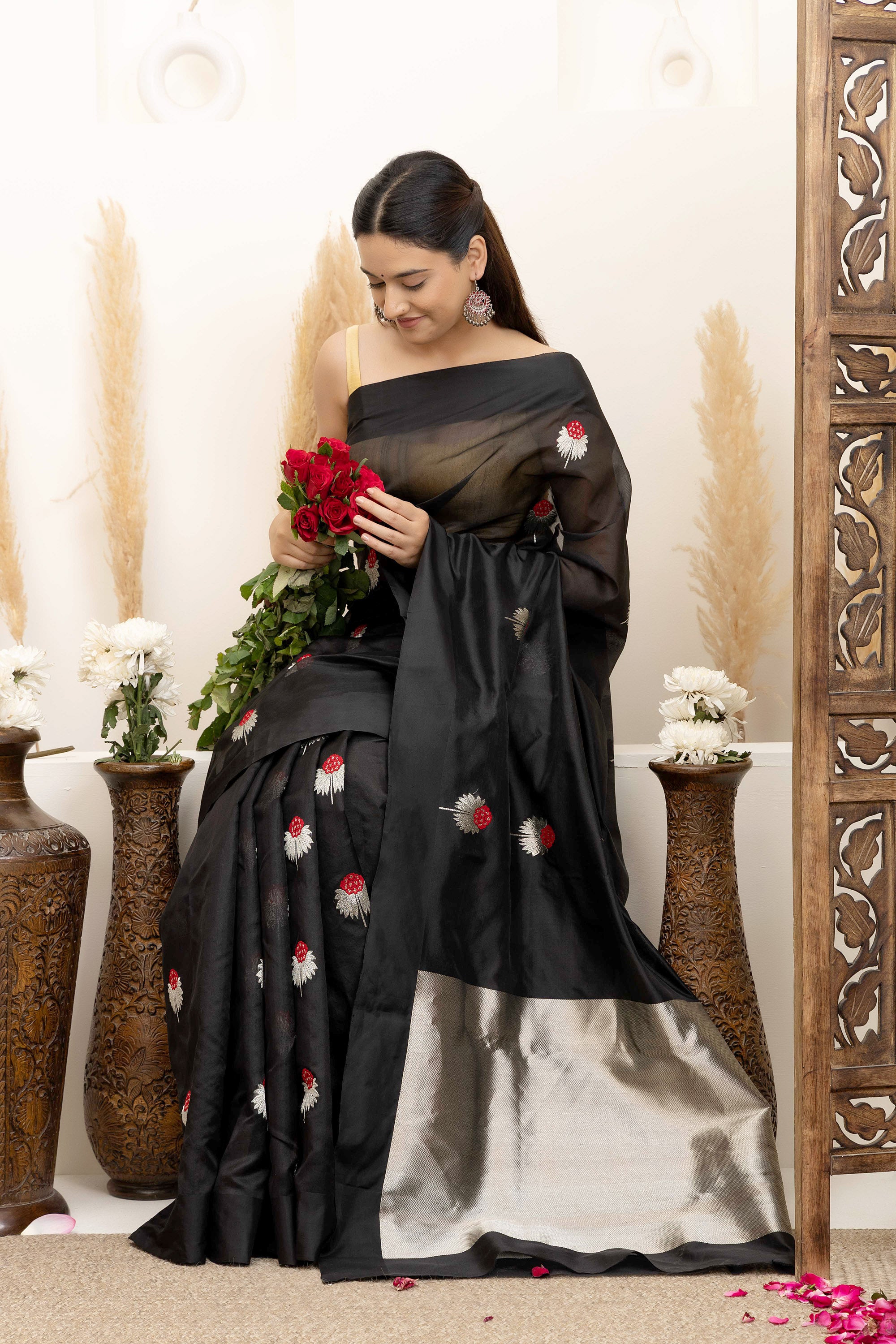 Chanderi handwoven black pure silk saree with large bute all over, self silk border and a zari  pallu