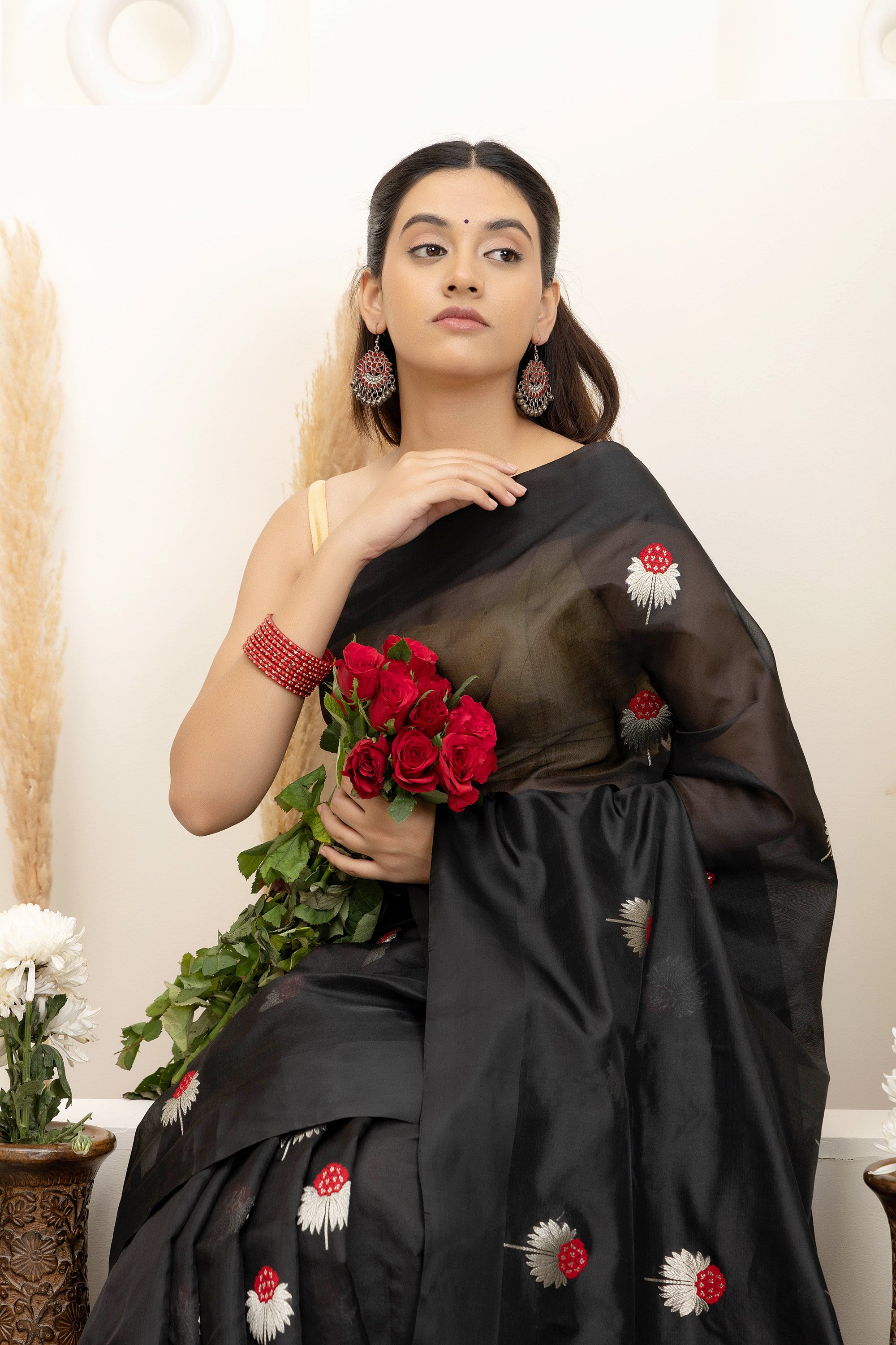 Chanderi handwoven black pure silk saree with large bute all over, self silk border and a zari  pallu