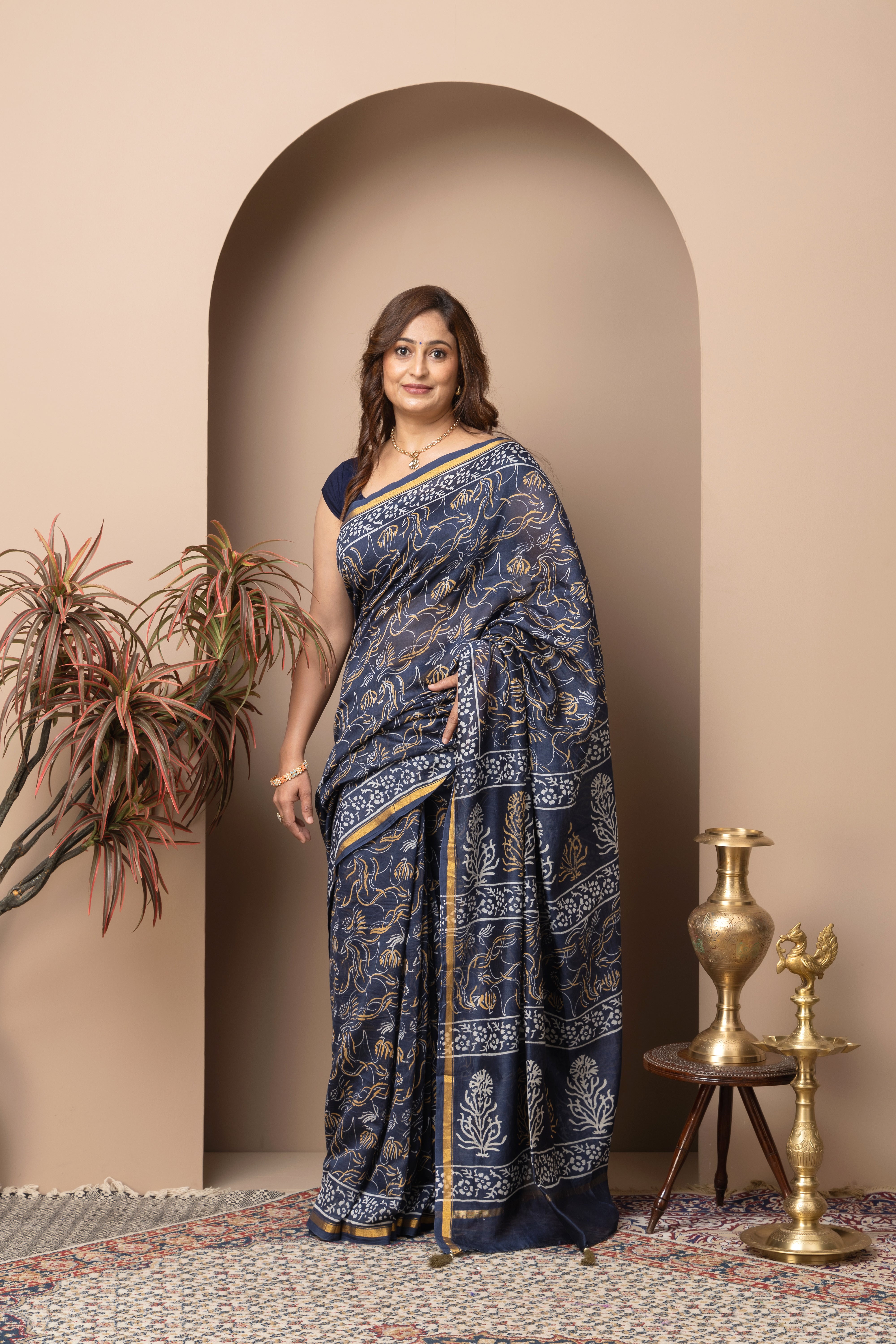 Chanderi cotton silk hand block indigo saree