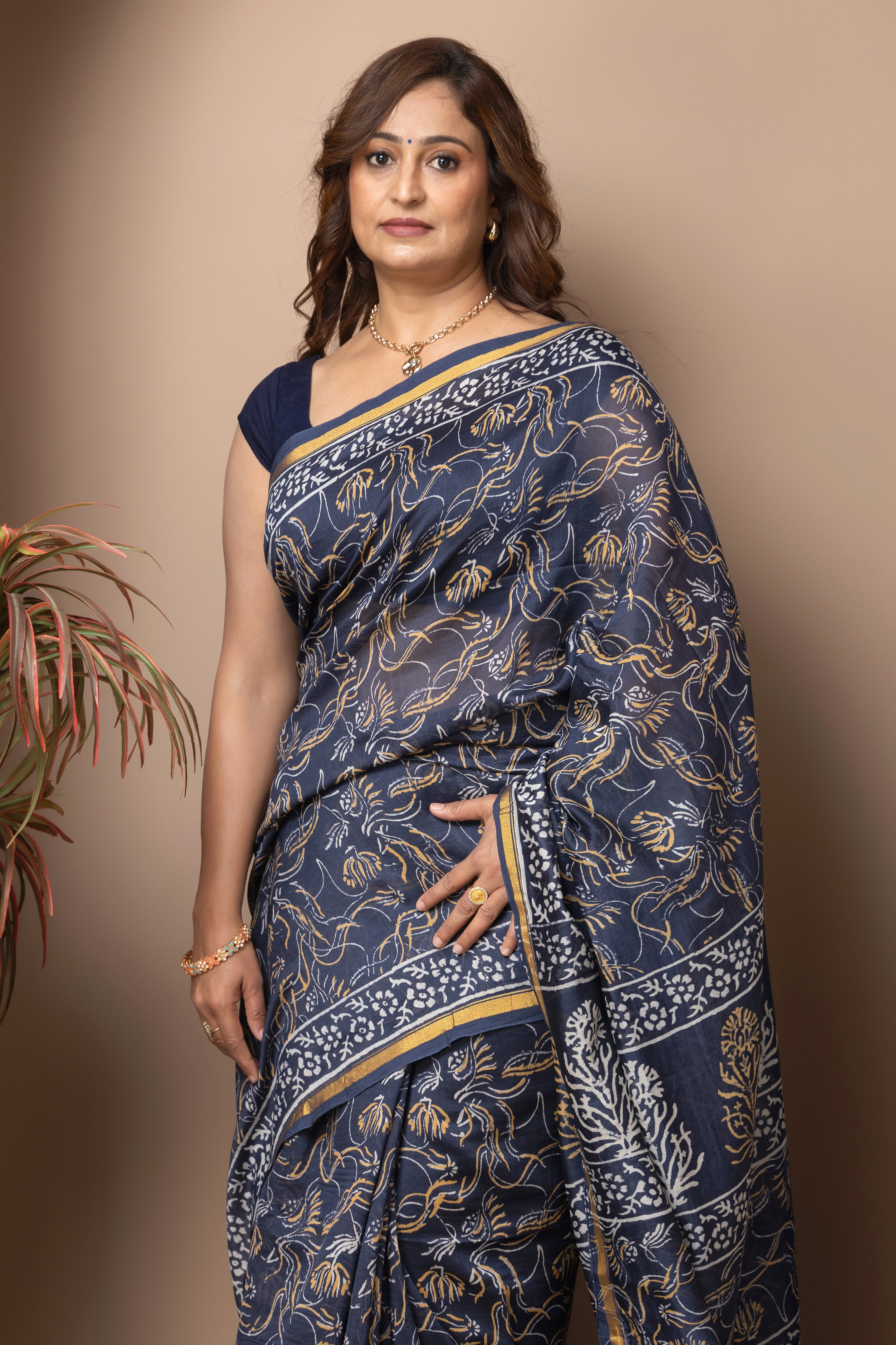 Chanderi cotton silk hand block indigo saree
