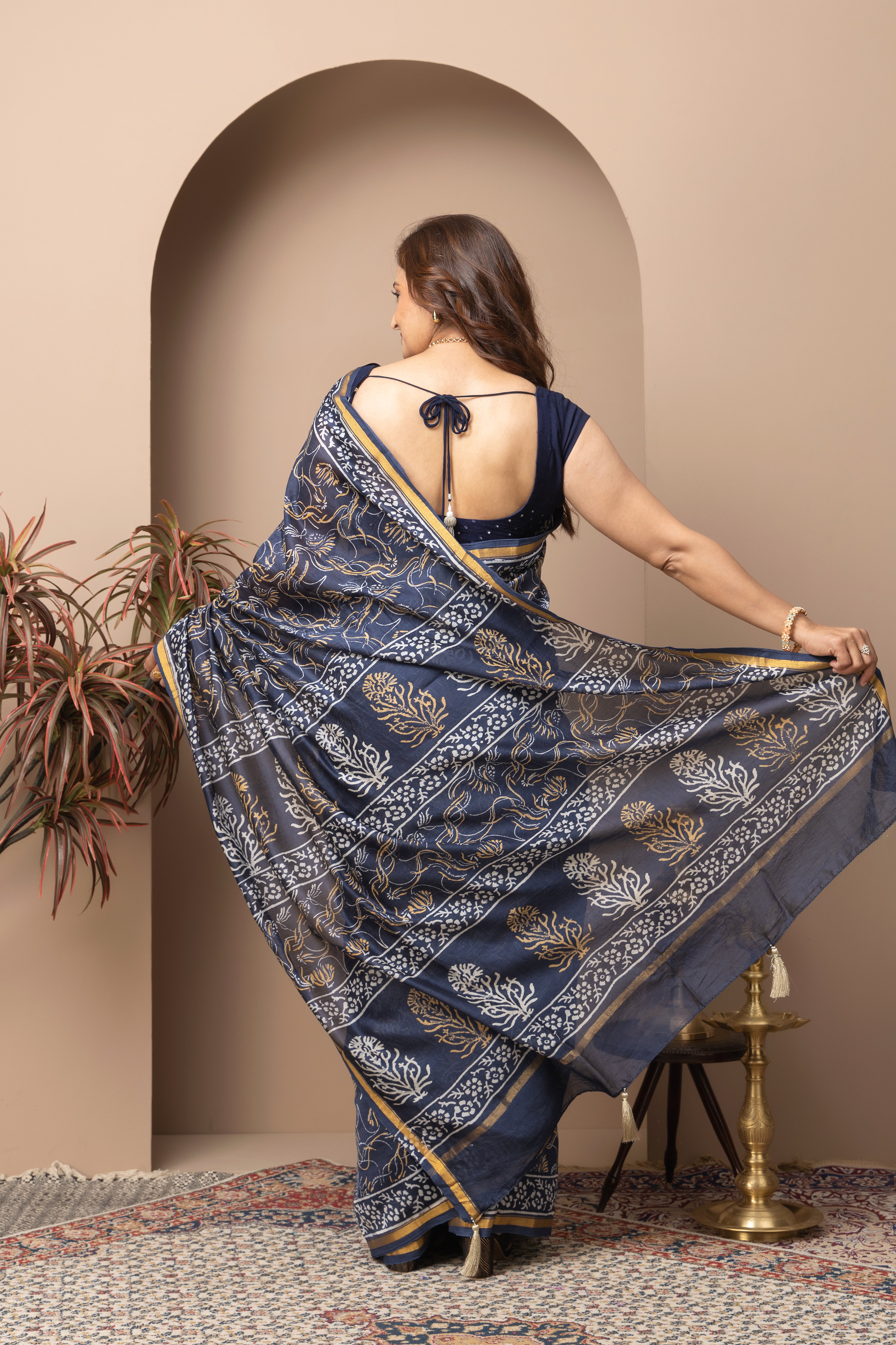 Chanderi cotton silk hand block indigo saree