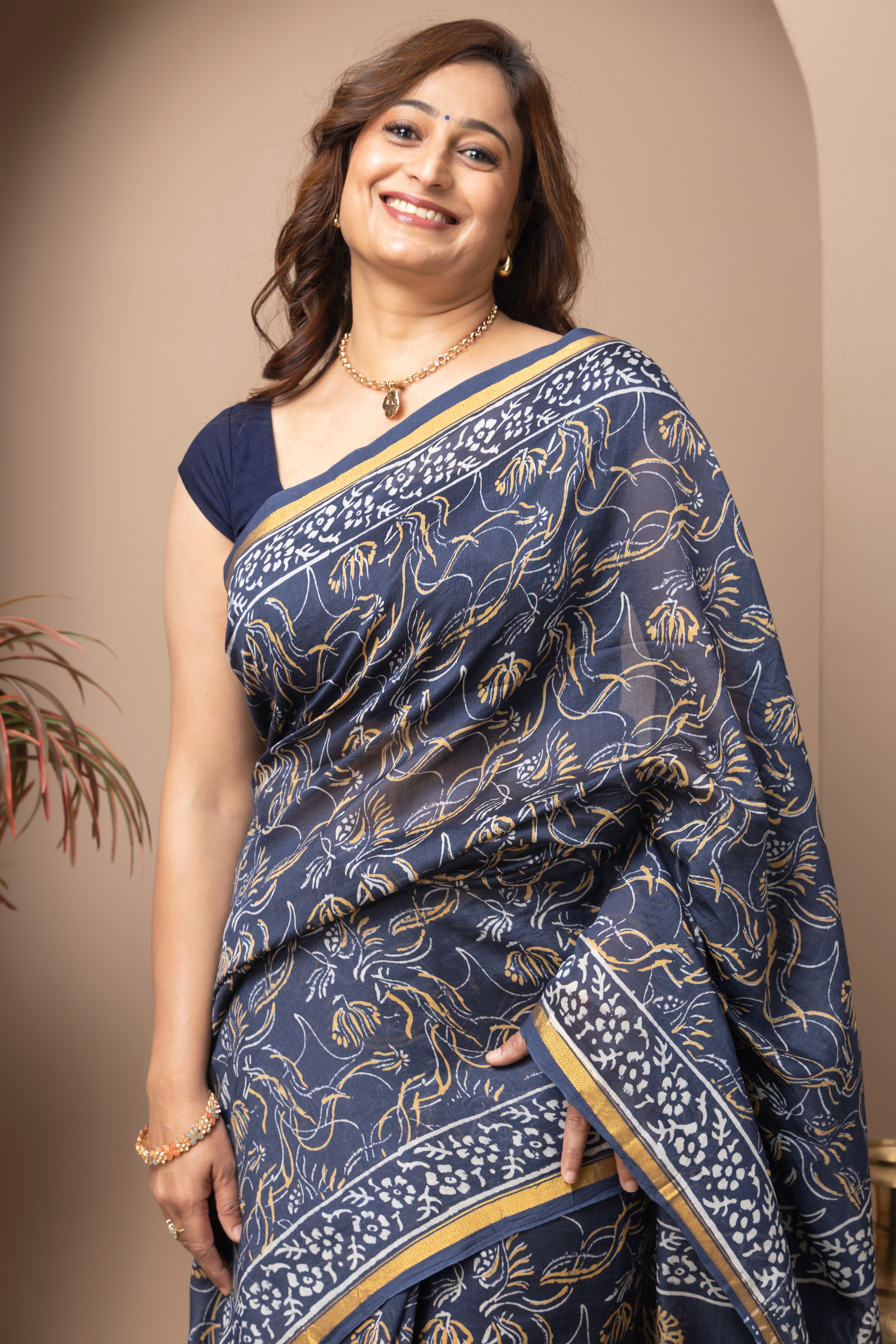 Chanderi cotton silk hand block indigo saree