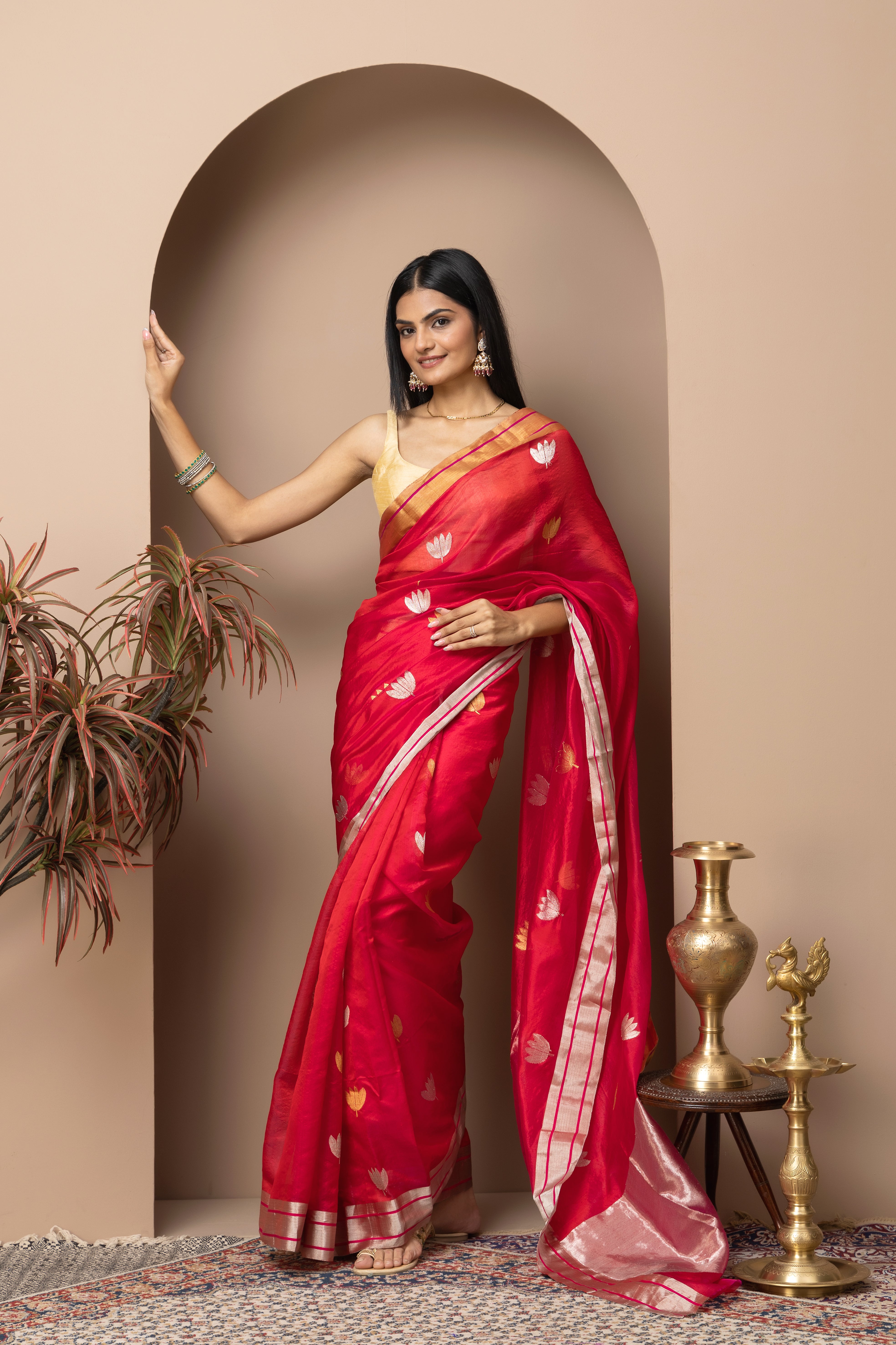 Chanderi handwoven pure pattu silk red saree