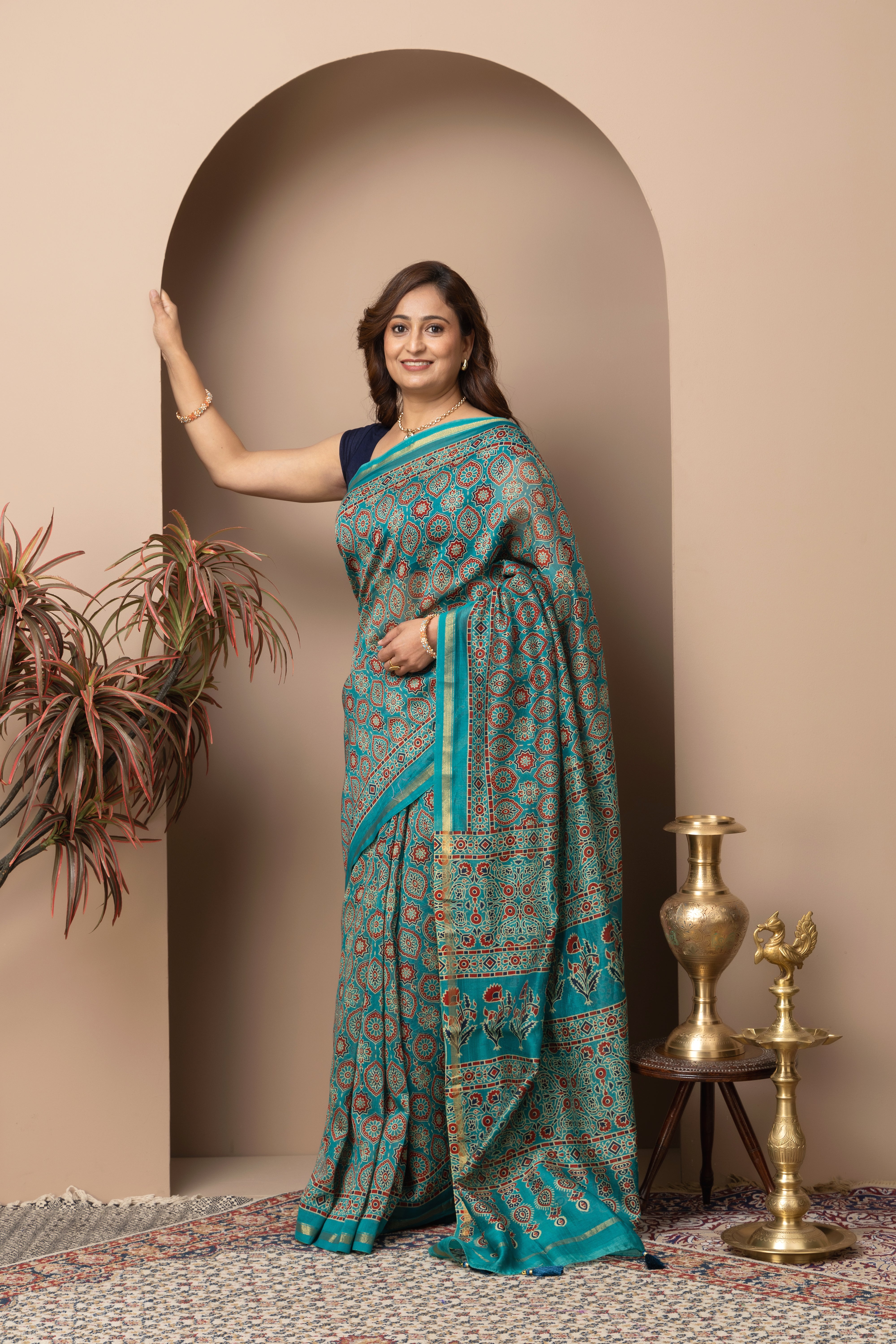 Chanderi cotton silk hand block green saree