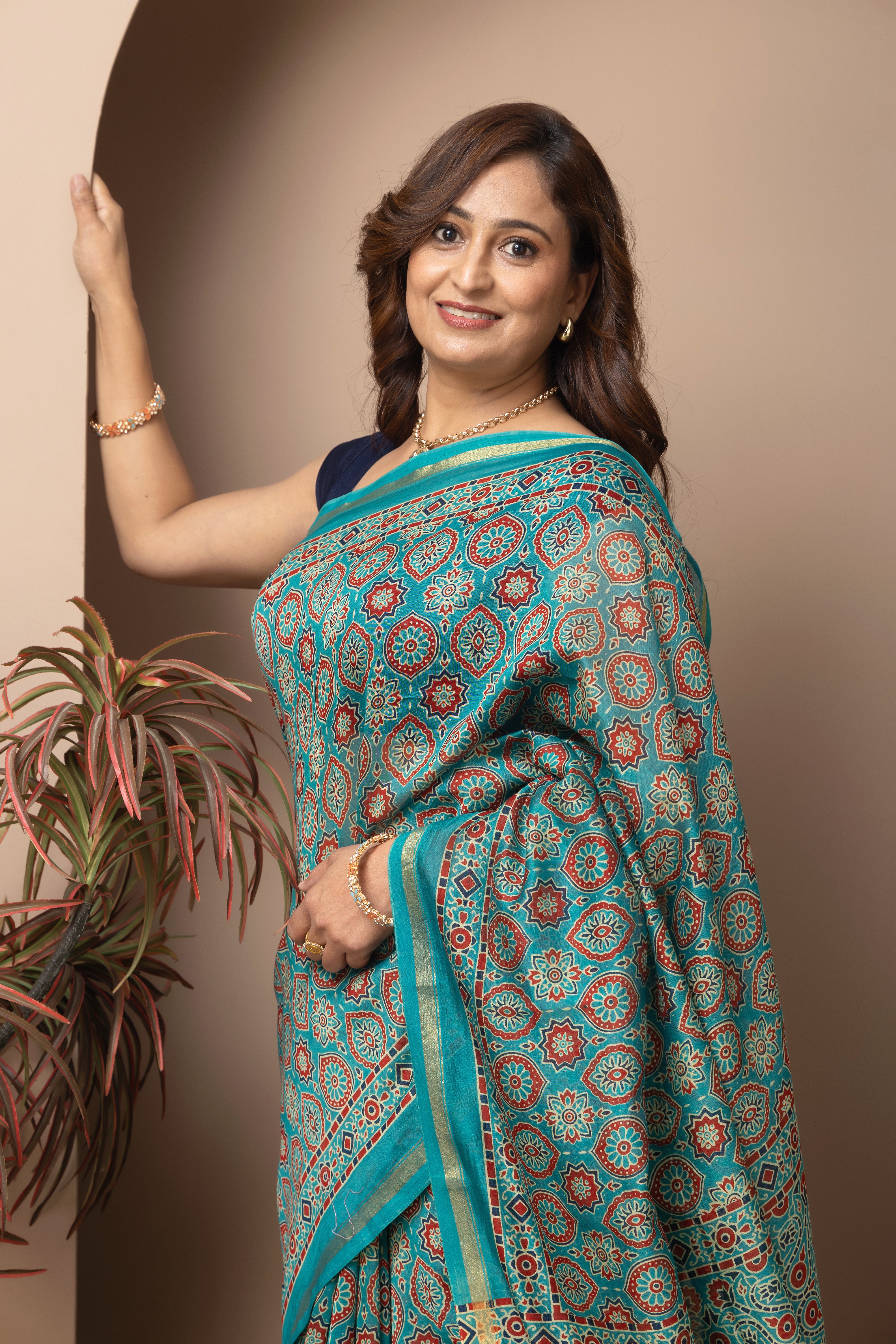 Chanderi cotton silk hand block green saree