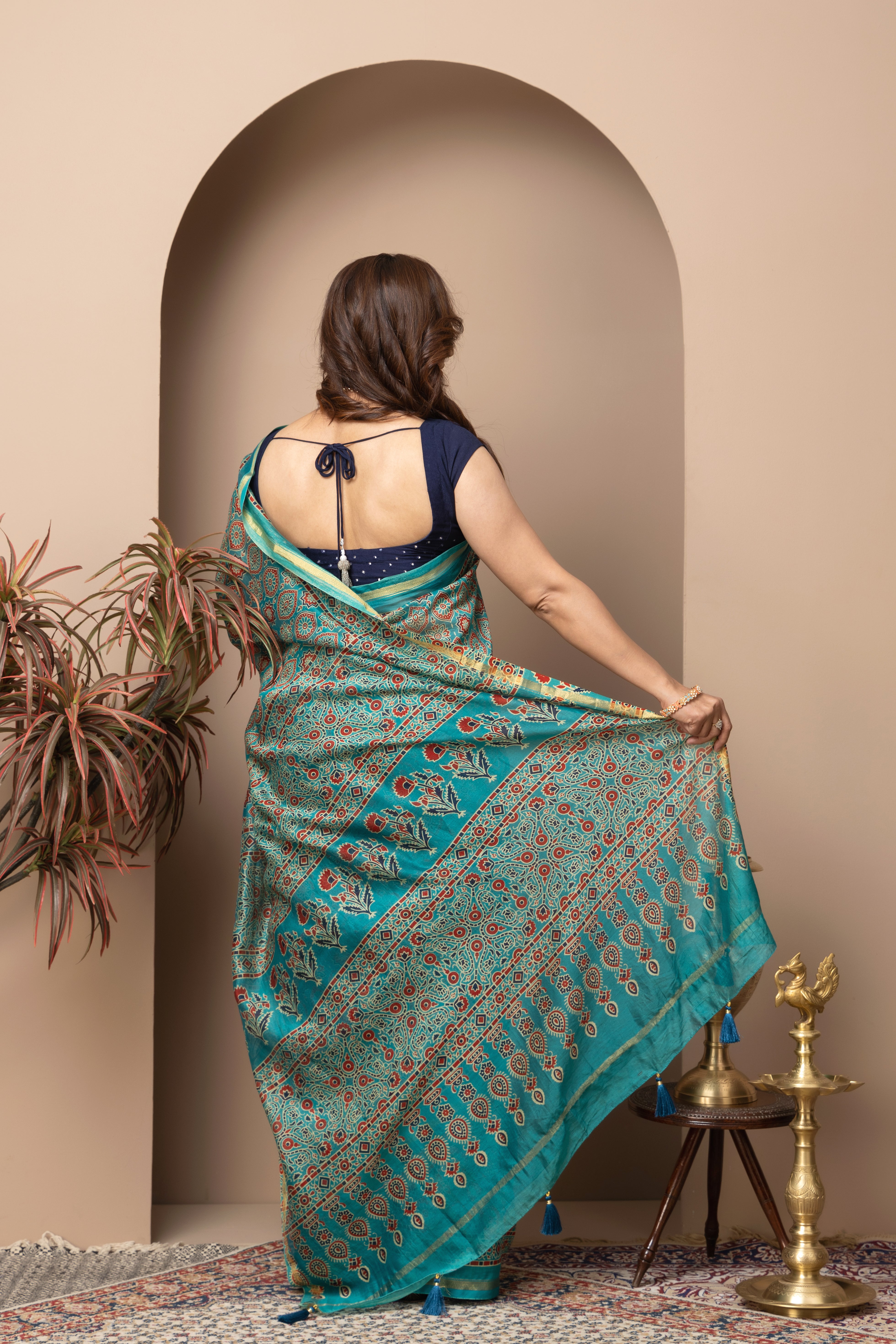 Chanderi cotton silk hand block green saree