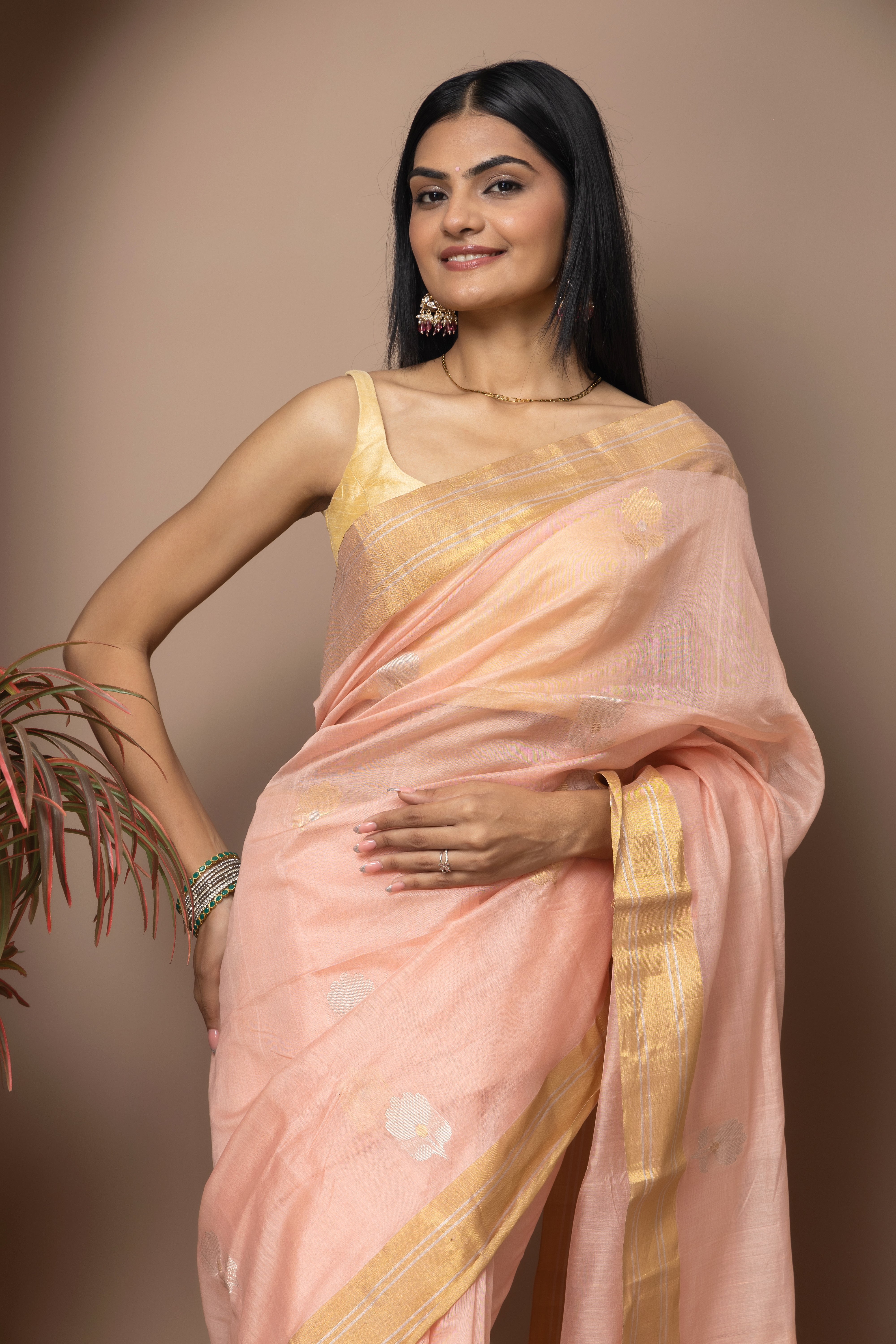 Chanderi handwoven pure pattu silk peach colour saree
