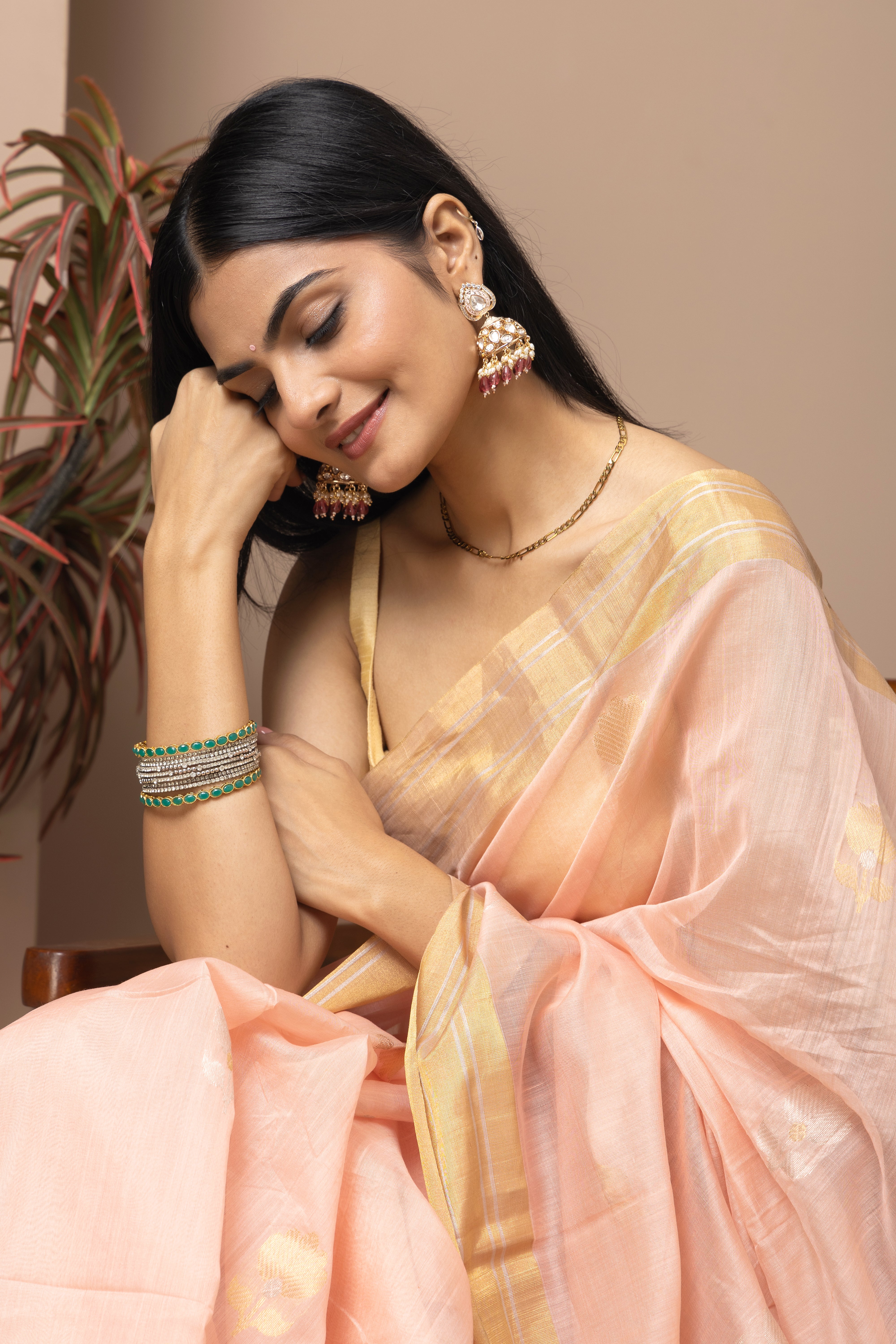 Chanderi handwoven pure pattu silk peach colour saree