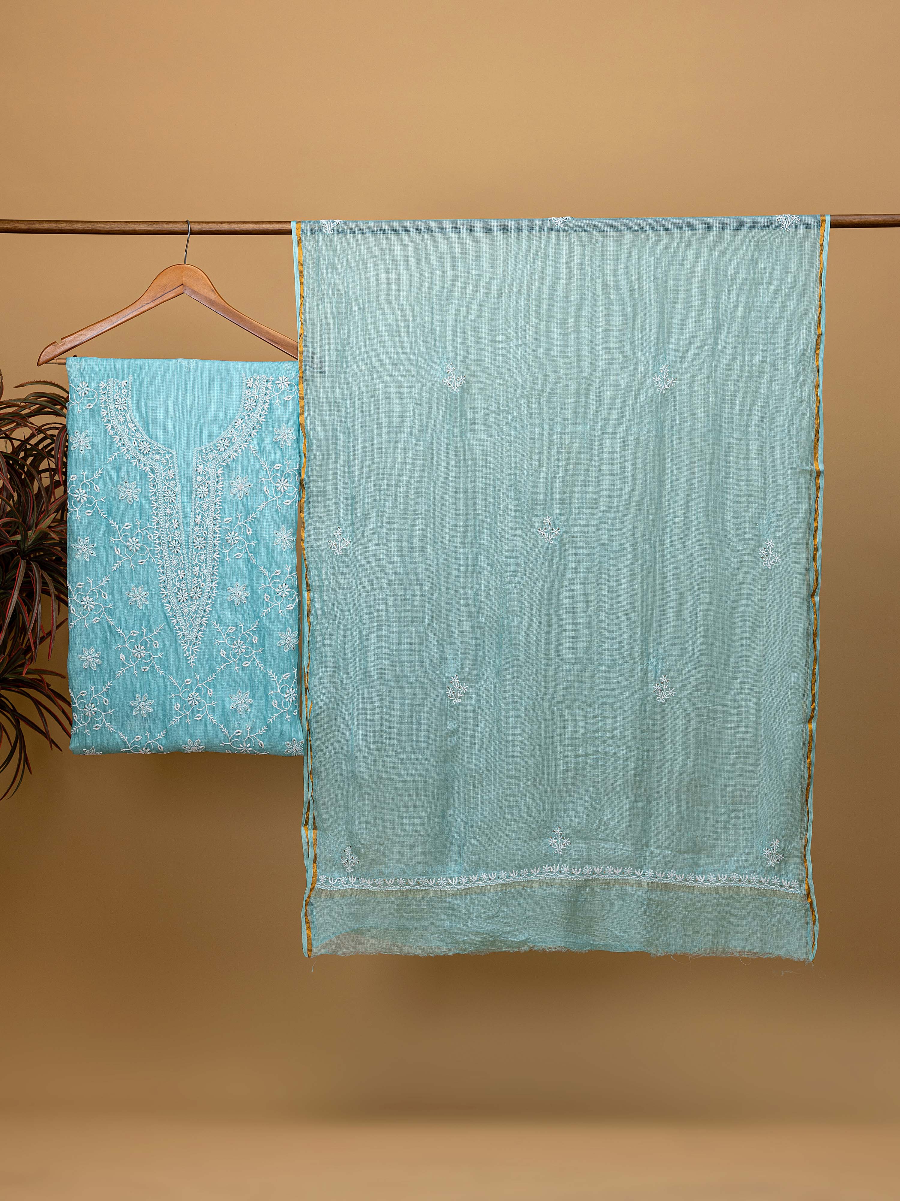 Summery light blue pure Kota Doria silk  unstitched suit with hand embroidered Chikankari work