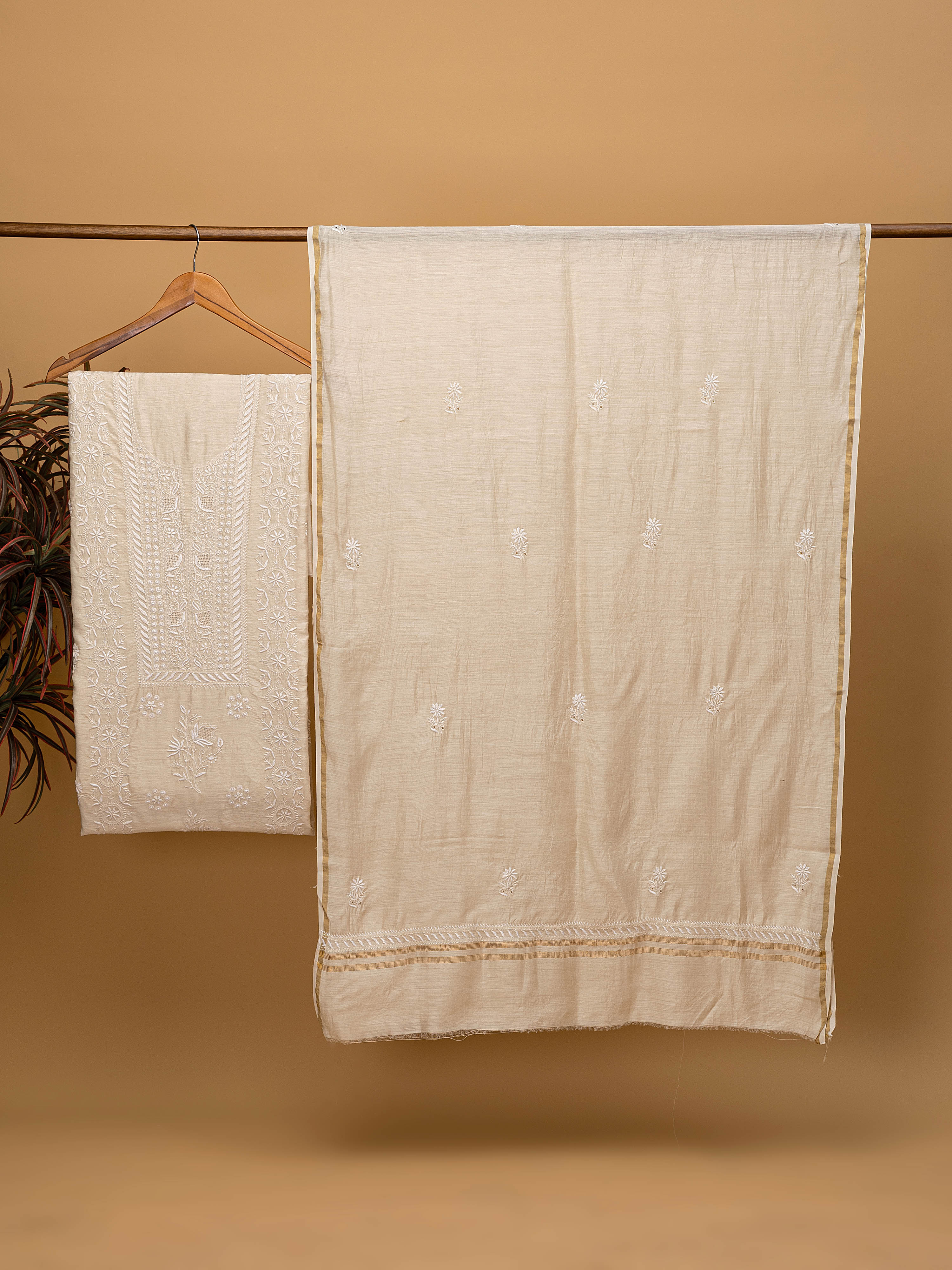 Beautiful Beige natural pure Muga Silk hand embroidered Chikankari unstitched 2 piece suit