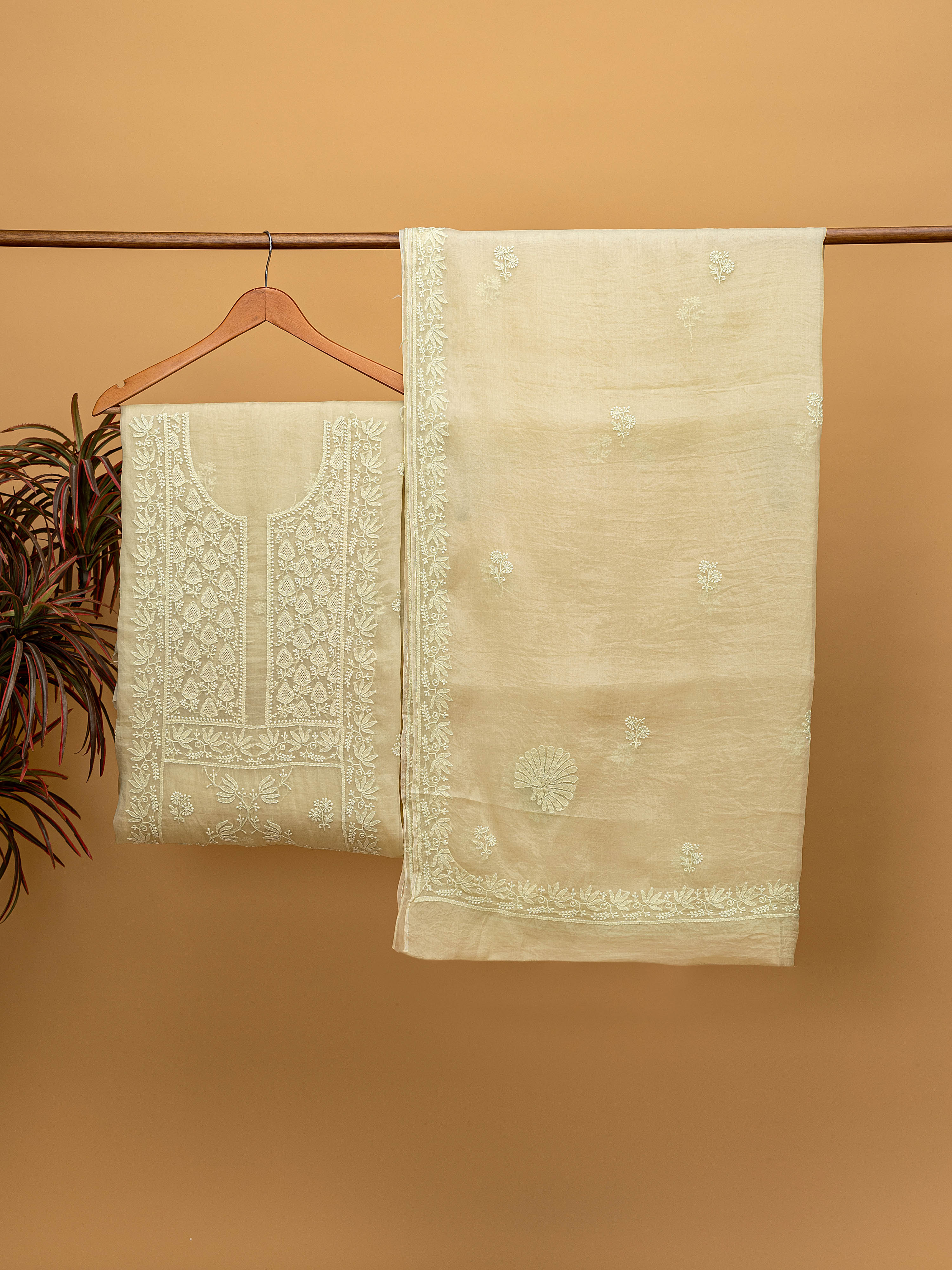 Beautiful sea green pure Organza silk hand embroidered Chikankari unstitched Suit