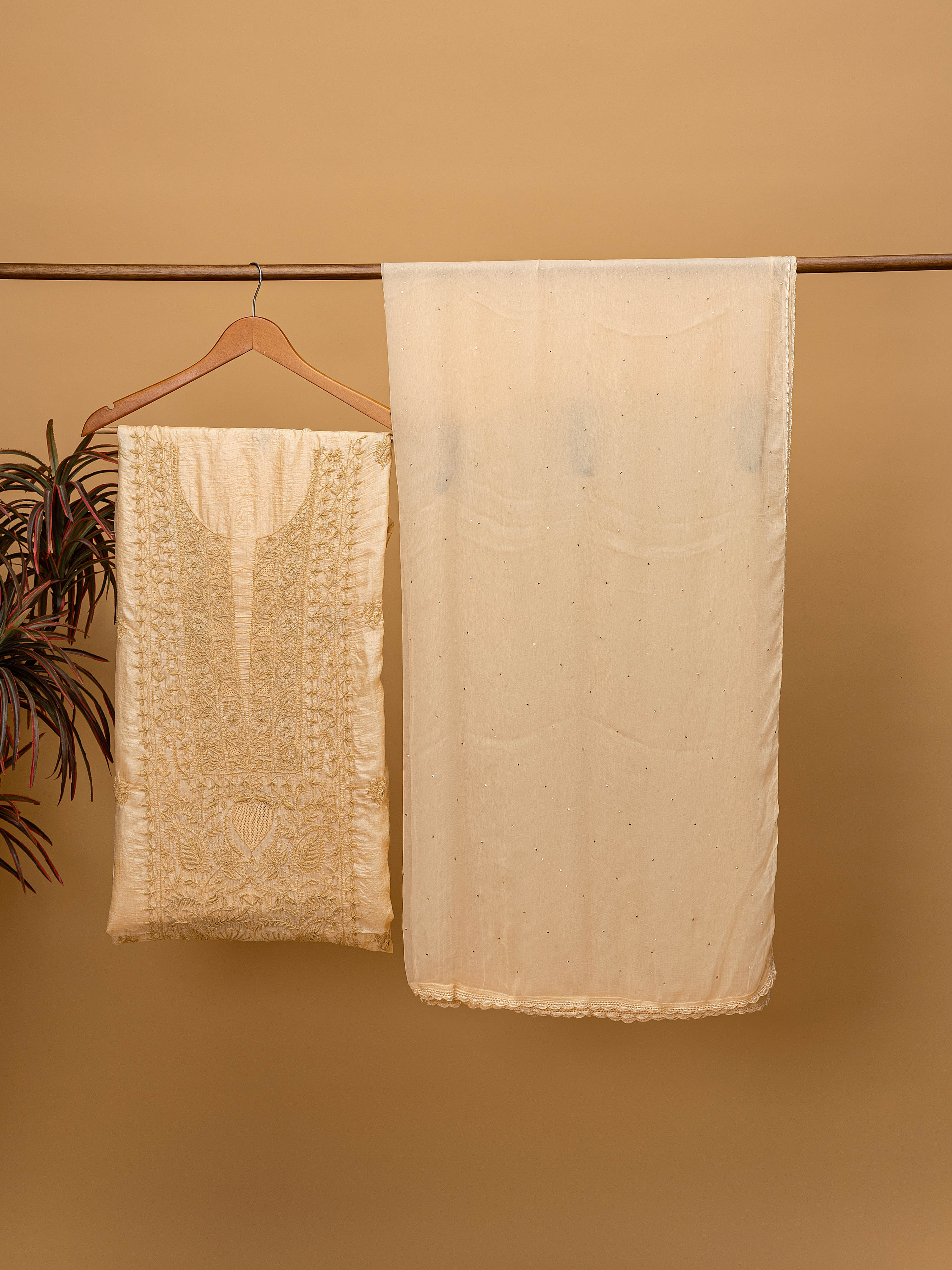Warm camel-beige natural pure Tussar silk hand embroidered Chikankari unstitched  suit piece