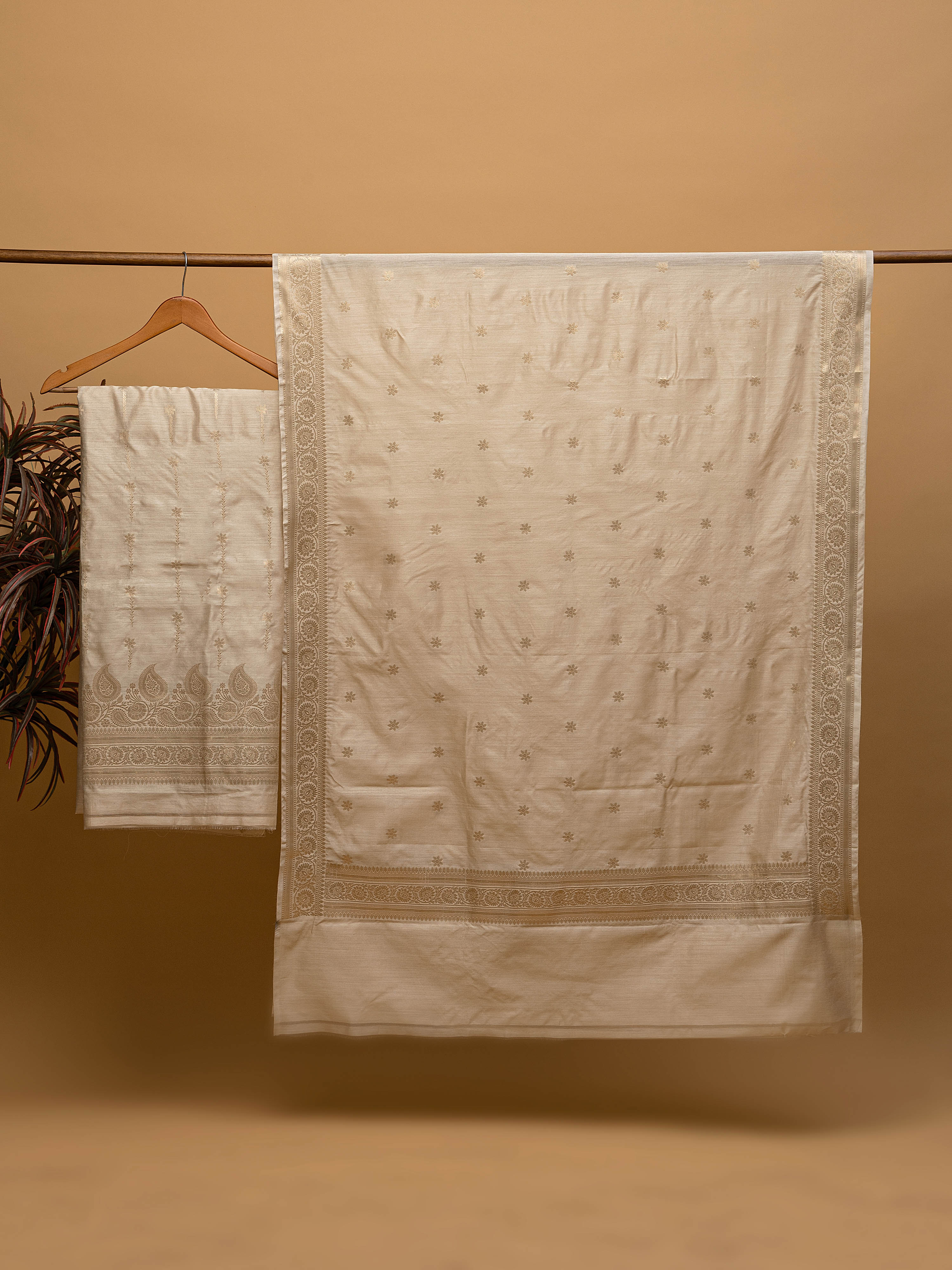 Timeless nature beige pure silk Banarasi unstitched suit with gold zari weaving