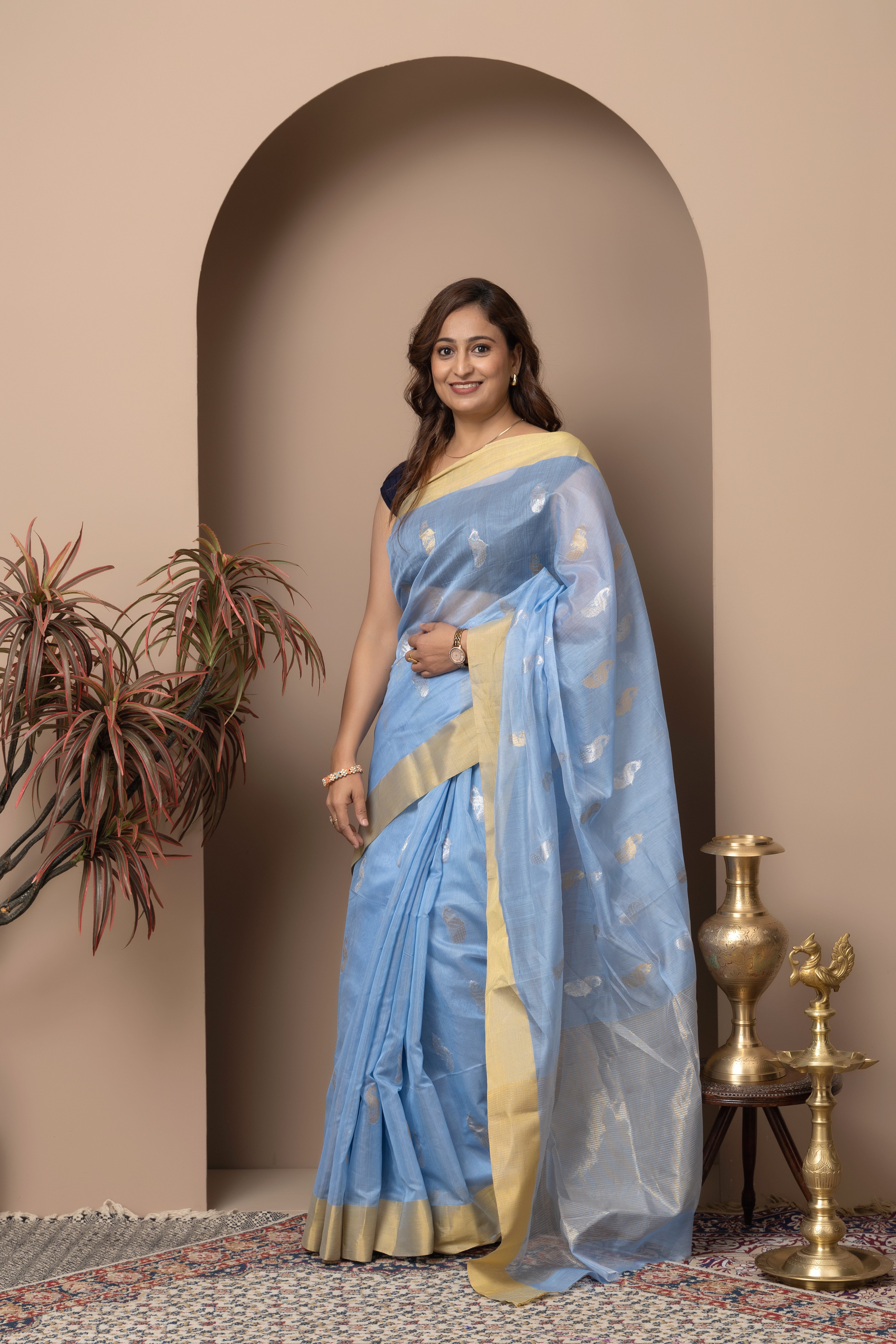 Chanderi handwoven pure pattu silk light blue colour saree