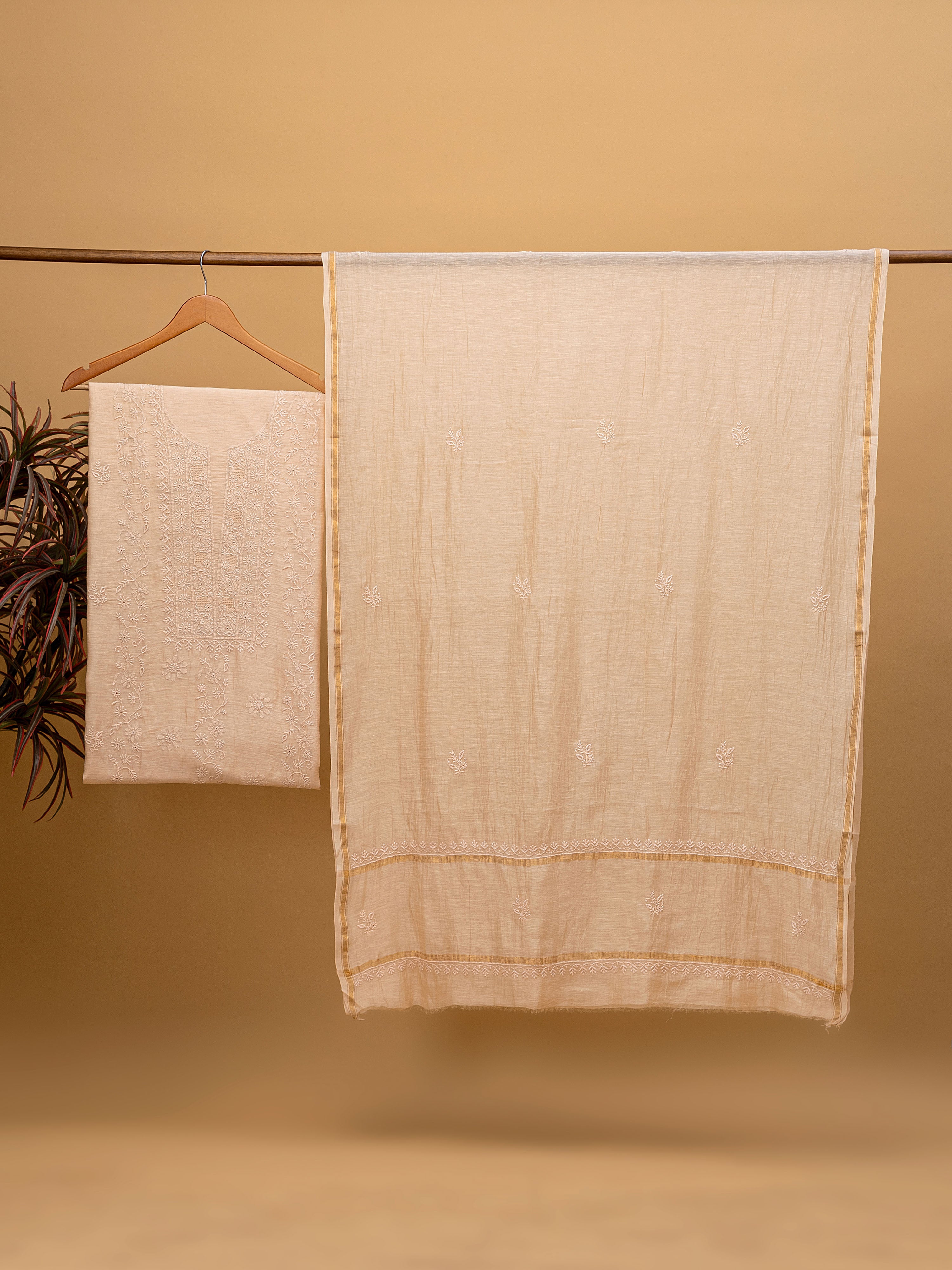 Warm beige colour Linen hand embroidered Chikankari unstitched  suit piece