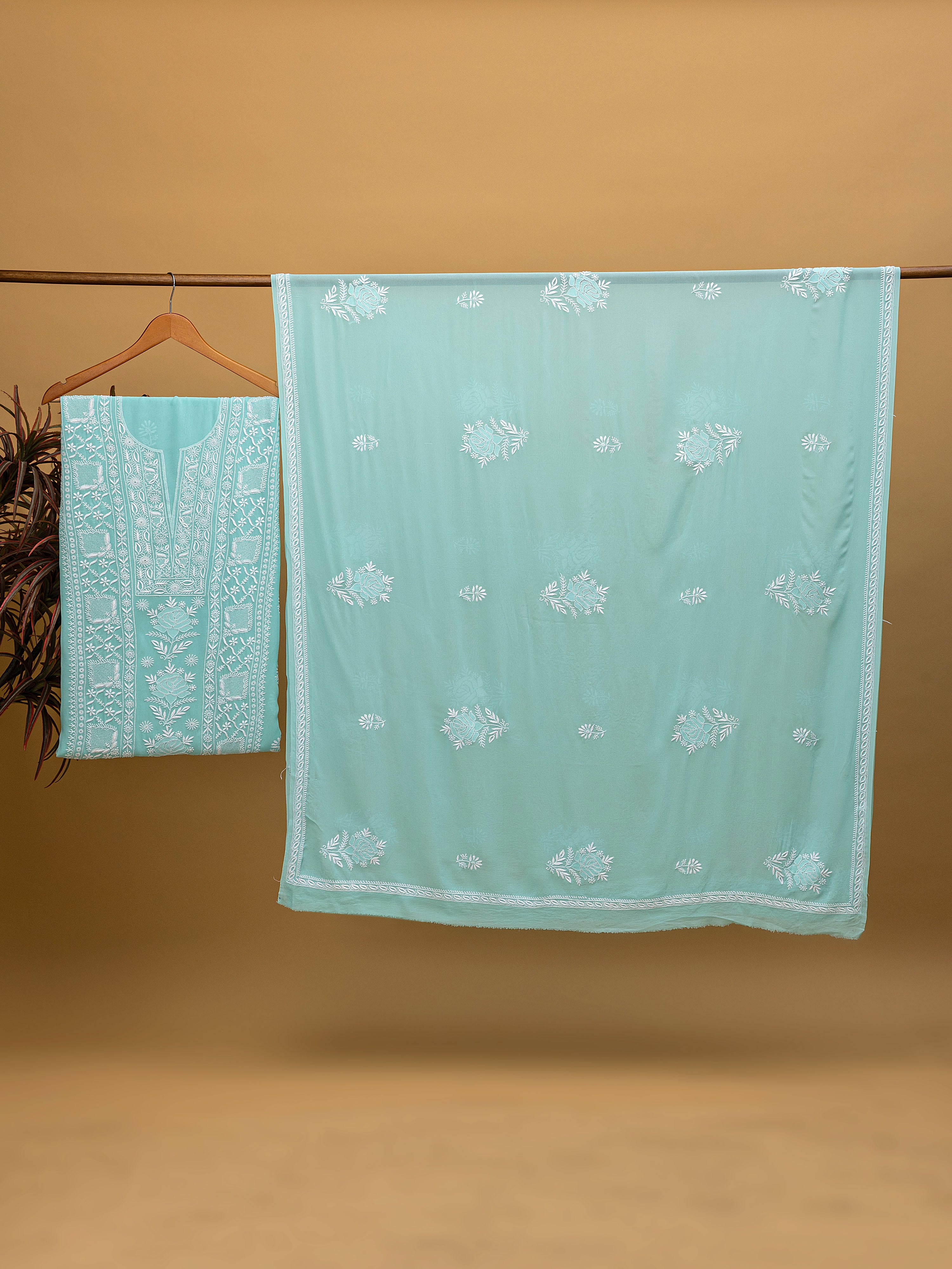 Lovely sky blue pure georgette silk hand embroidered Chikankari unstitched suit piece