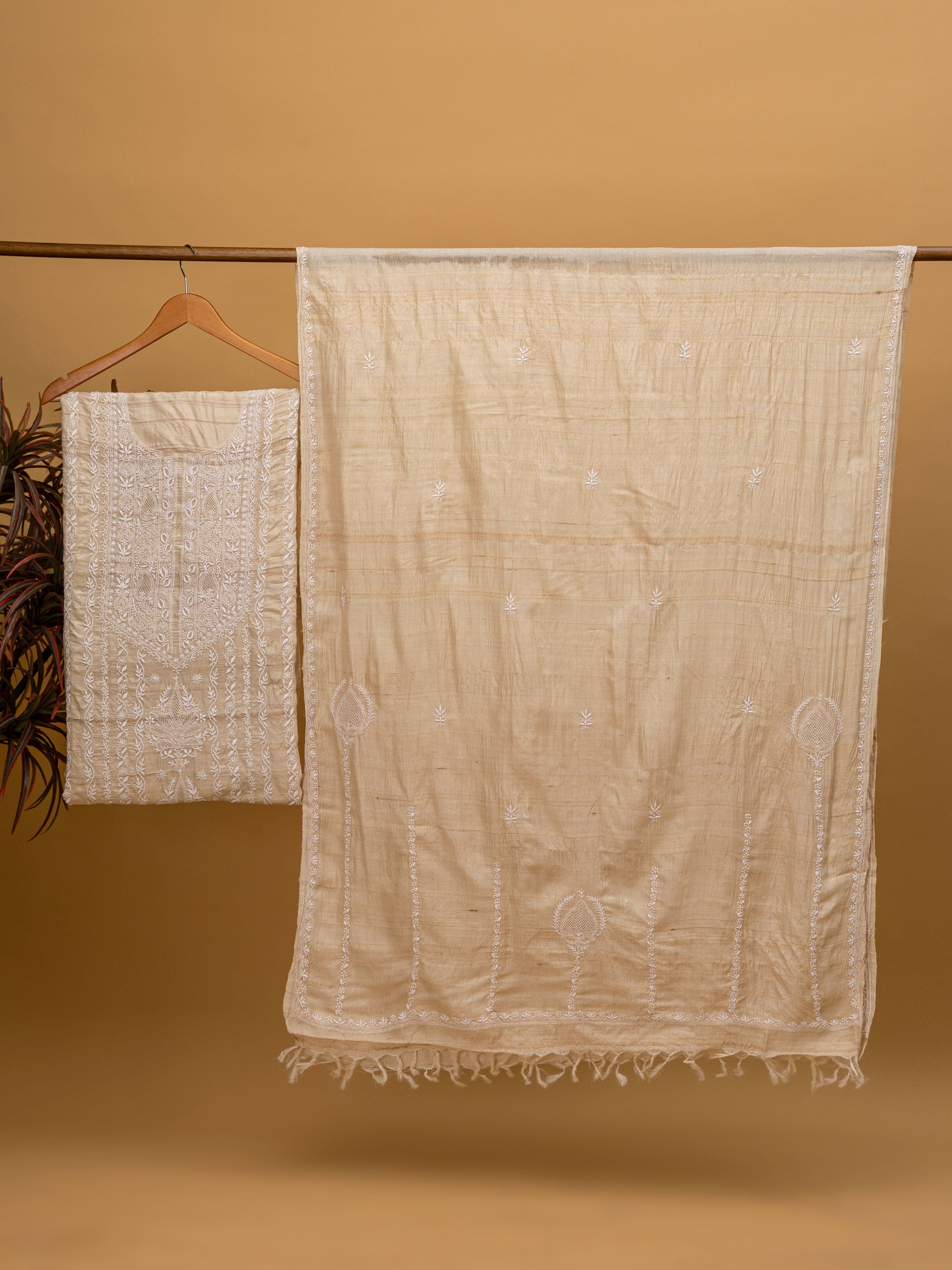 Elegant natural beige color pure Khadi silk hand embroidered Chikankari unstitched suit piece