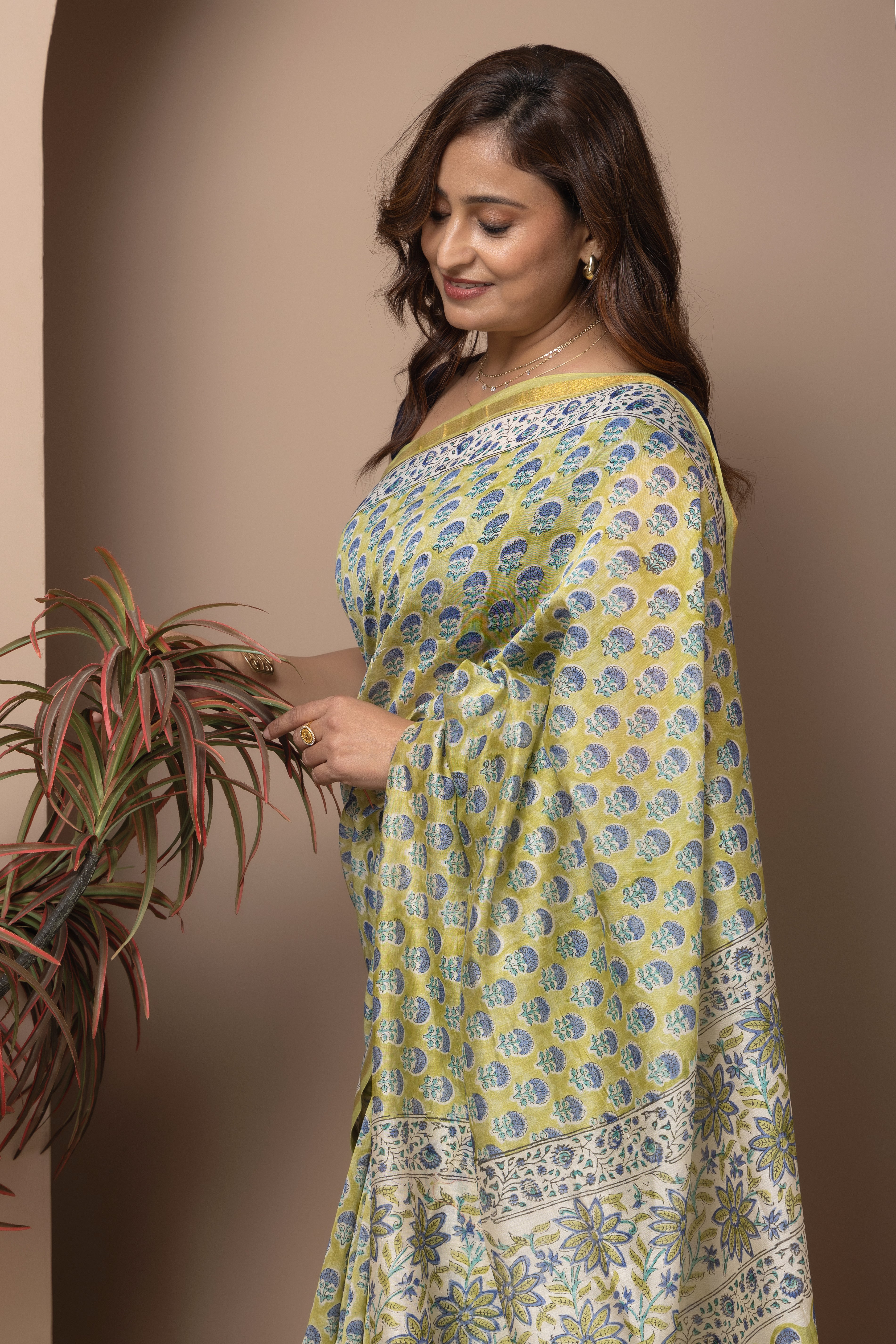 Chanderi cotton silk hand block light green saree
