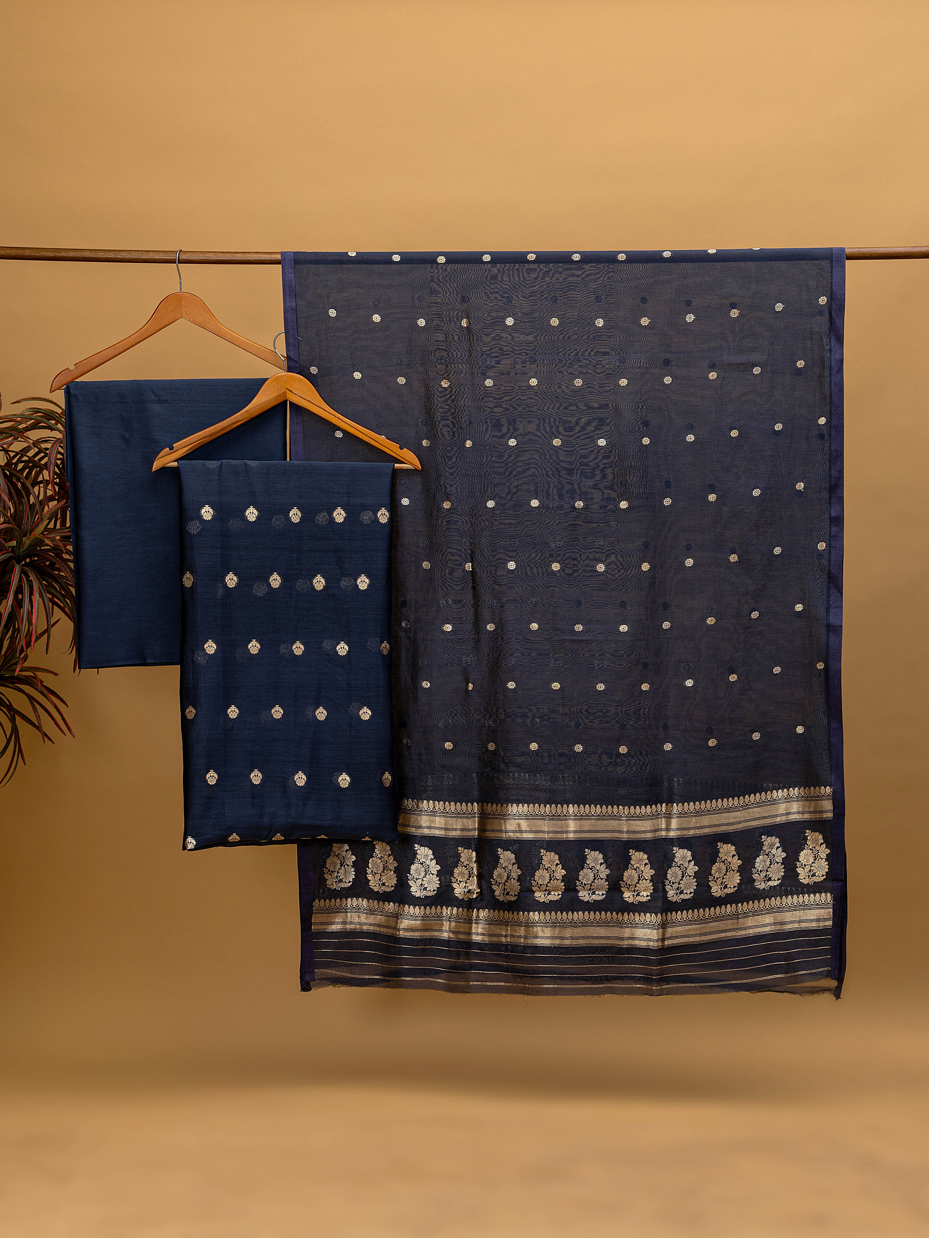 Beautiful ink blue pure silk (Resham)-cotton blend Banarasi unstitched suit (3 piece) with gold zari weaving