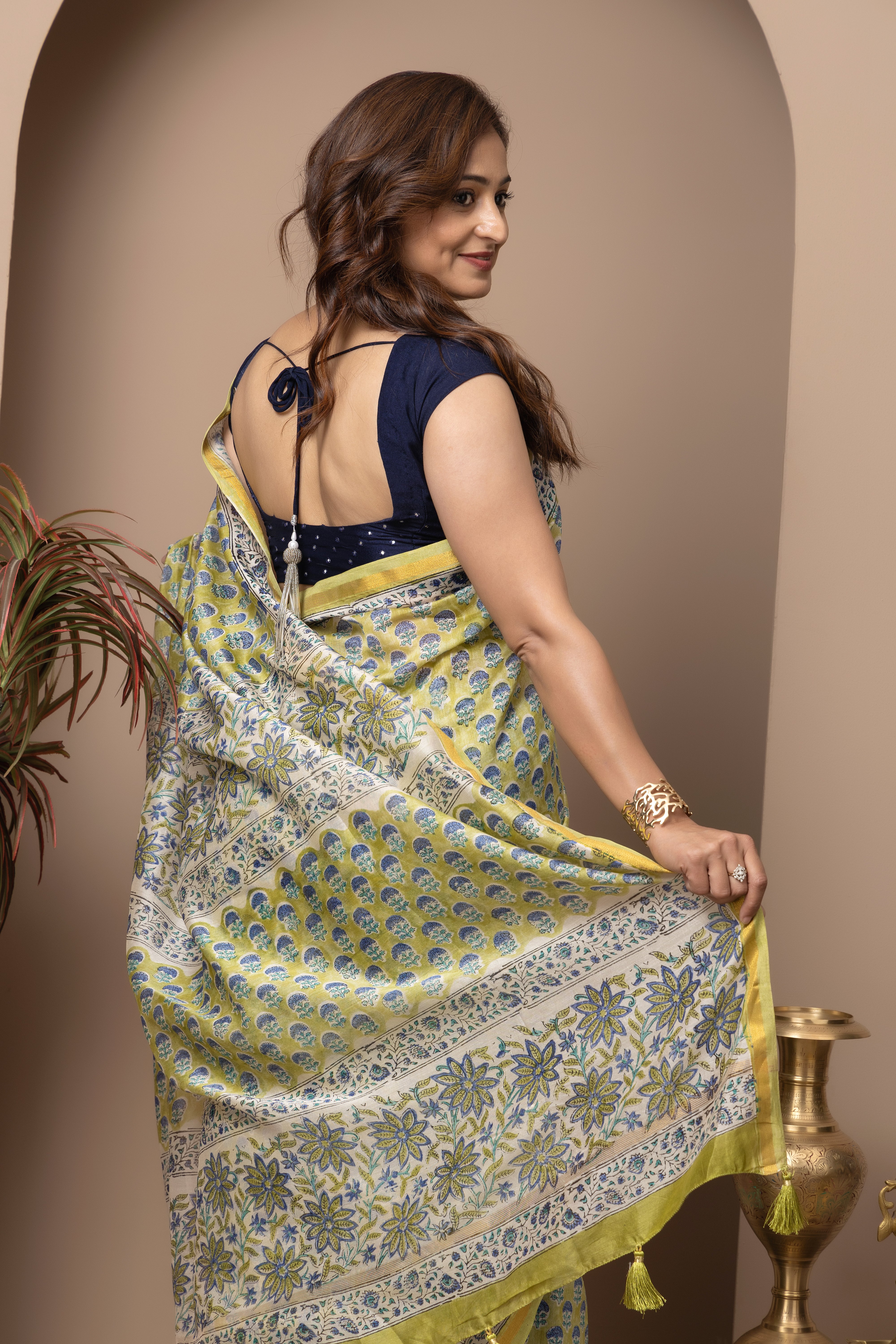 Chanderi cotton silk hand block light green saree