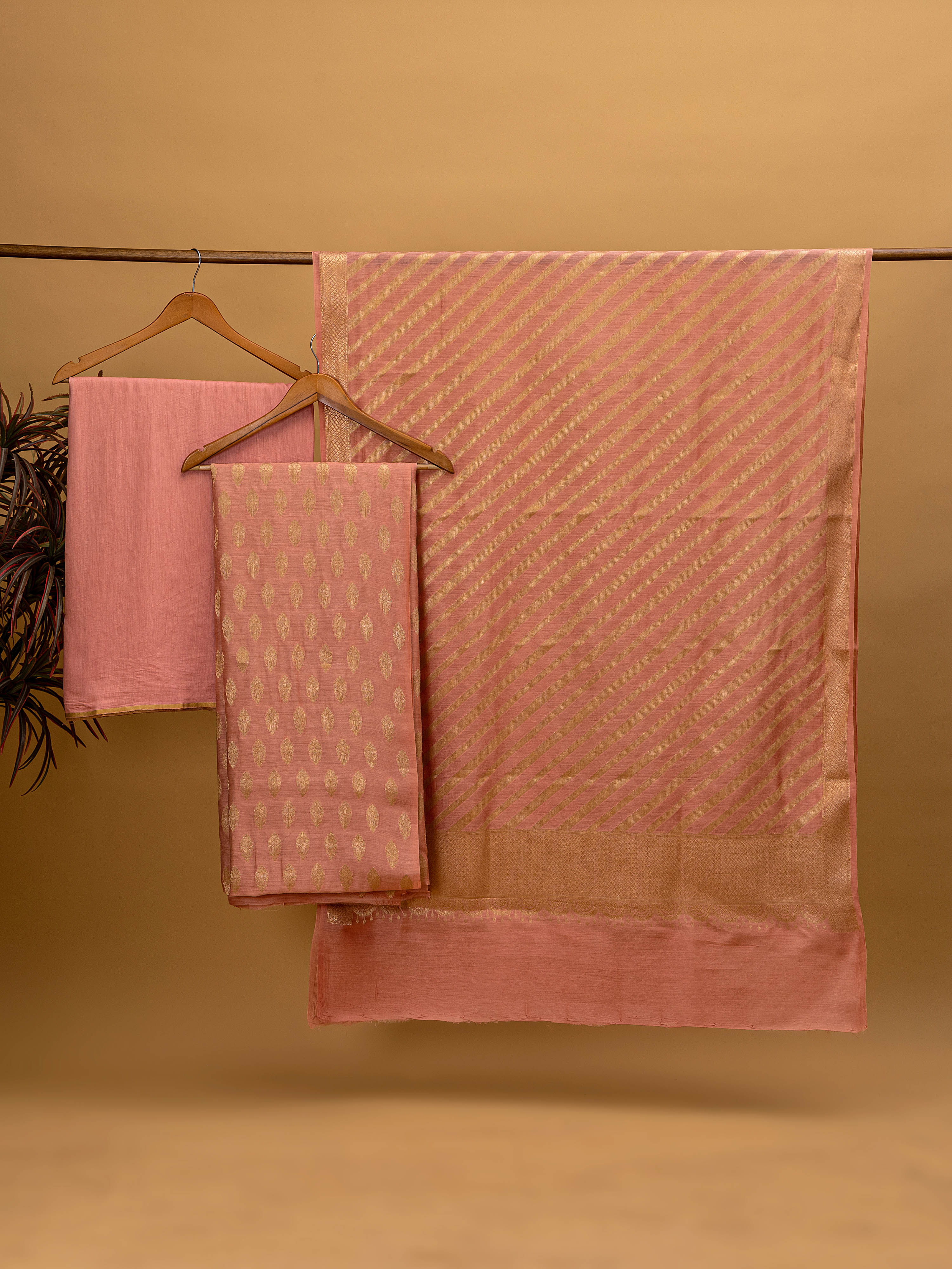 Vibrant peach pure spun silk Banarasi unstitched suit (3 piece) with gold zari weaving