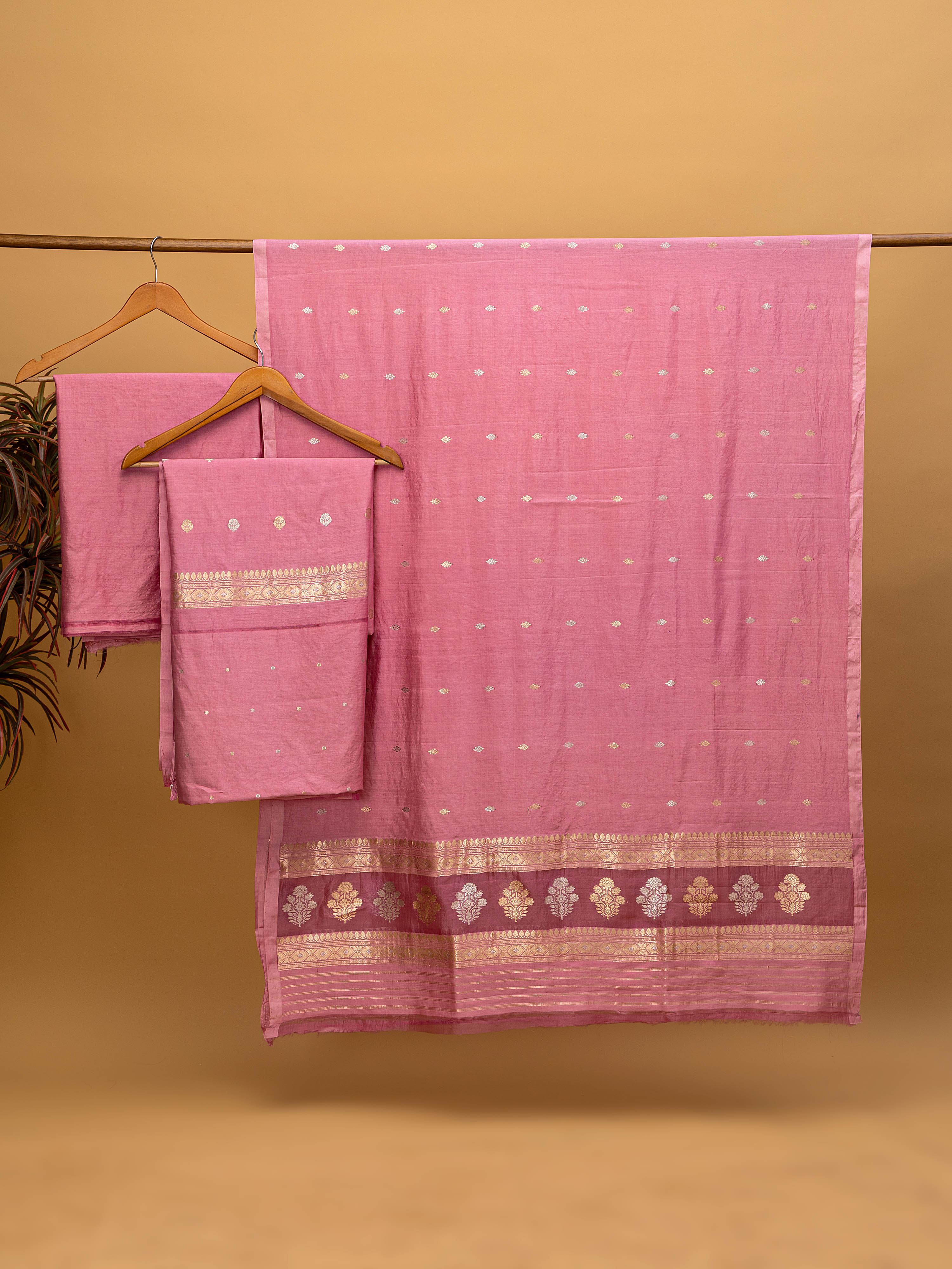 Elegant mauve pink silk Banarasi unstitched suit with gold-silver zari weaving