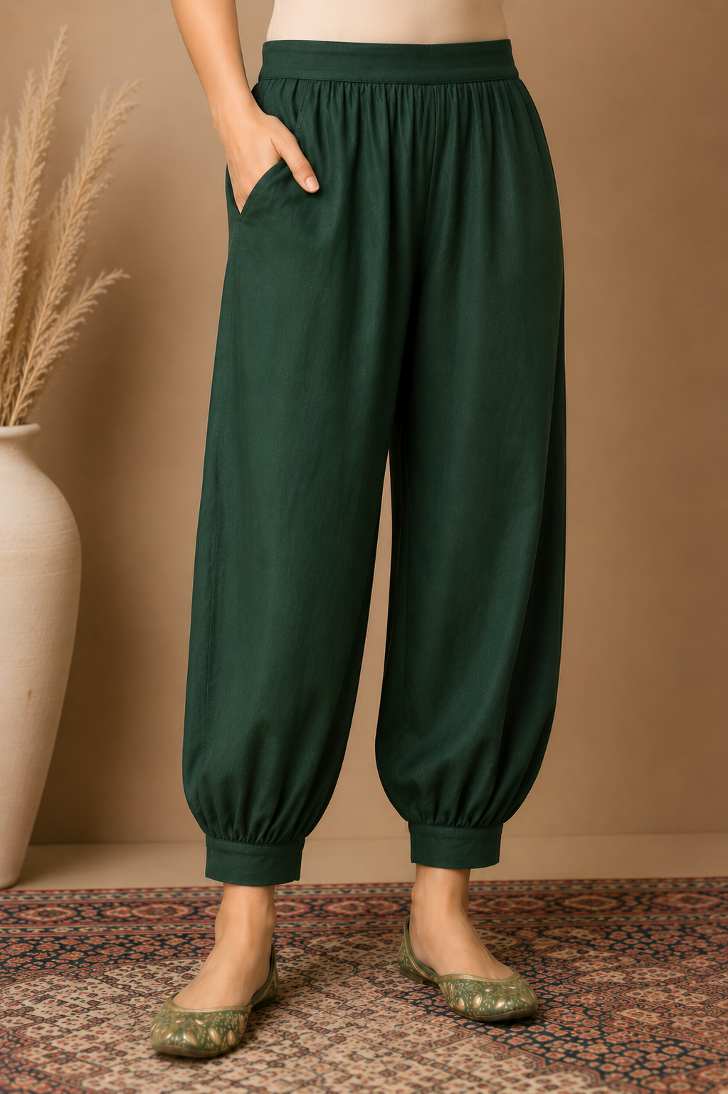 Ivory forest Bloom - White cotton tree print kurta with green Afghani pants
