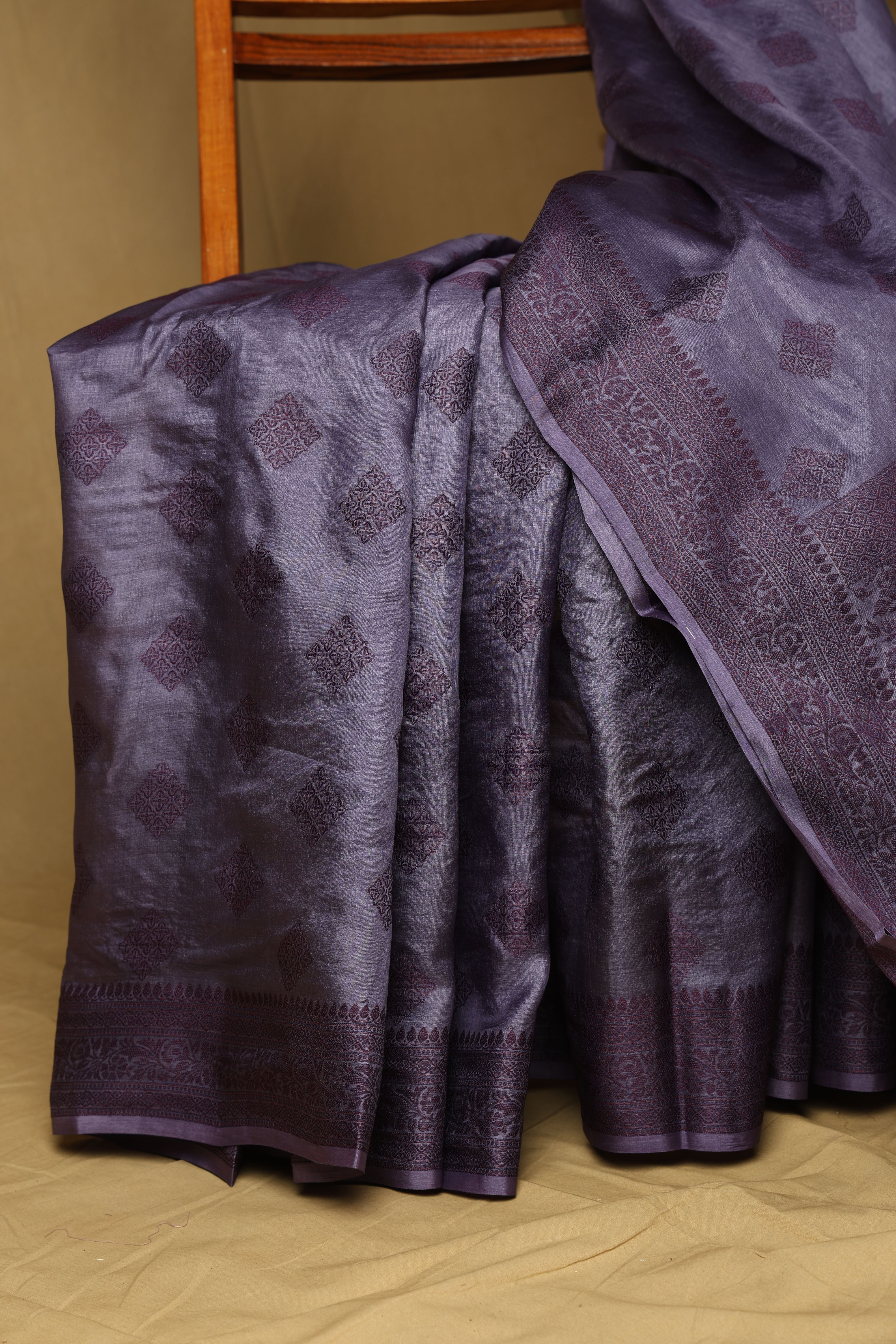 Banarasi pure Tussar Silk purple-grey saree with thread weave bute and border